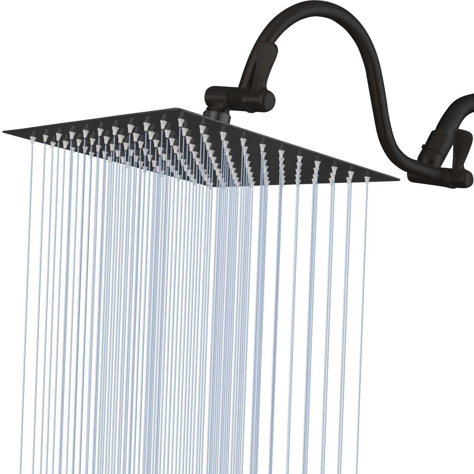 Voolan Cabezal de ducha cuadrado de 10 pulgadas con brazo de extensión de 14 pulgadas, ángulo y altura ajustables, cabezal de ducha de lluvia de alta presión de acero inoxidable, 2.5 GPM, negro mate
