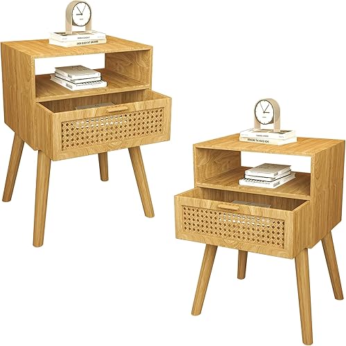 Mesita de noche de ratán moderna Mid-Century (2 juegos), mesa decorativa de madera bohemia con cajón de almacenamiento, mesita de noche para