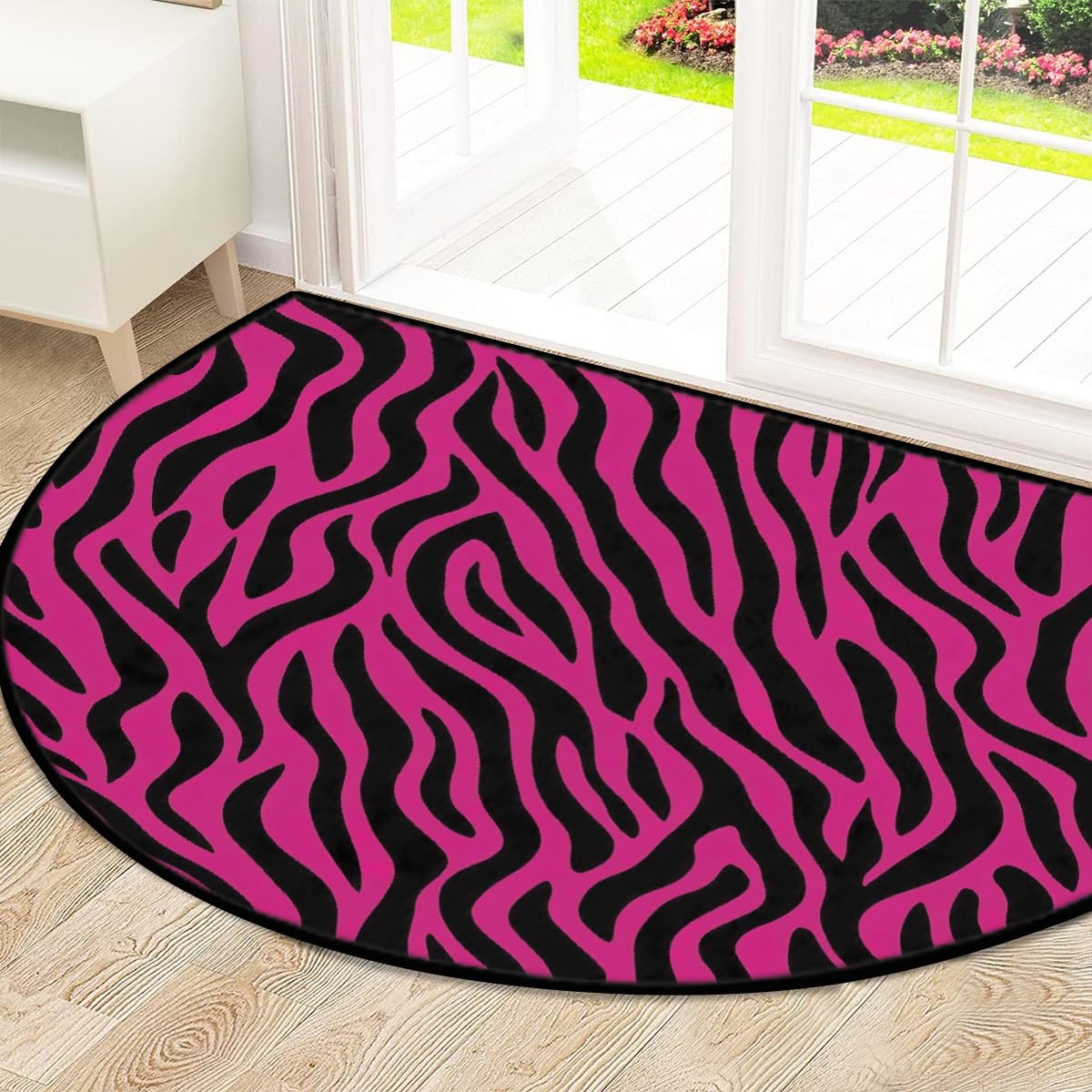 Mexpekil Paillasson demi-lune pour intérieur et extérieur - Motif imprimé zèbre - Demi cercle - Absorbant la saleté - Rose vif - 100 x 160 cm