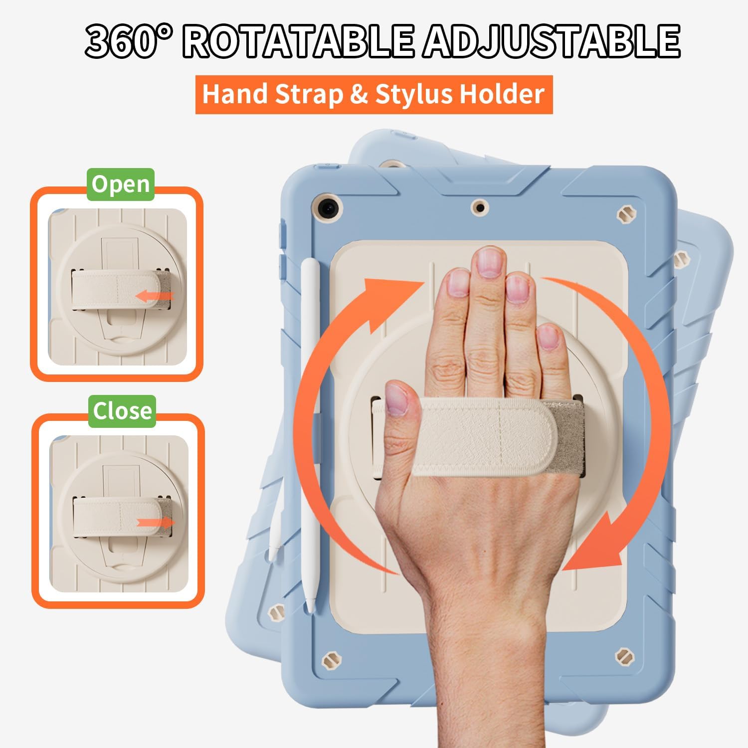 Case for iPad 9th/8th/7th Generation10.2, Shockproof 360 Rotating Stand Shoulder Hand Strap with Pencil Holder for iPad 10.2 inch 2021/2020/2019 Case (Iceblue+White)