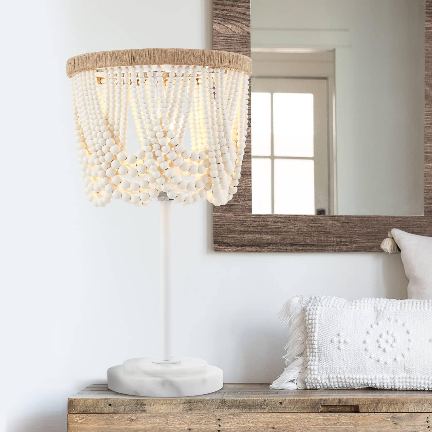 VILUXY Lámpara de mesa bohemia con cuentas de madera, mesita de noche rústica antigua, acabado blanco para dormitorio, guardería, habitación de