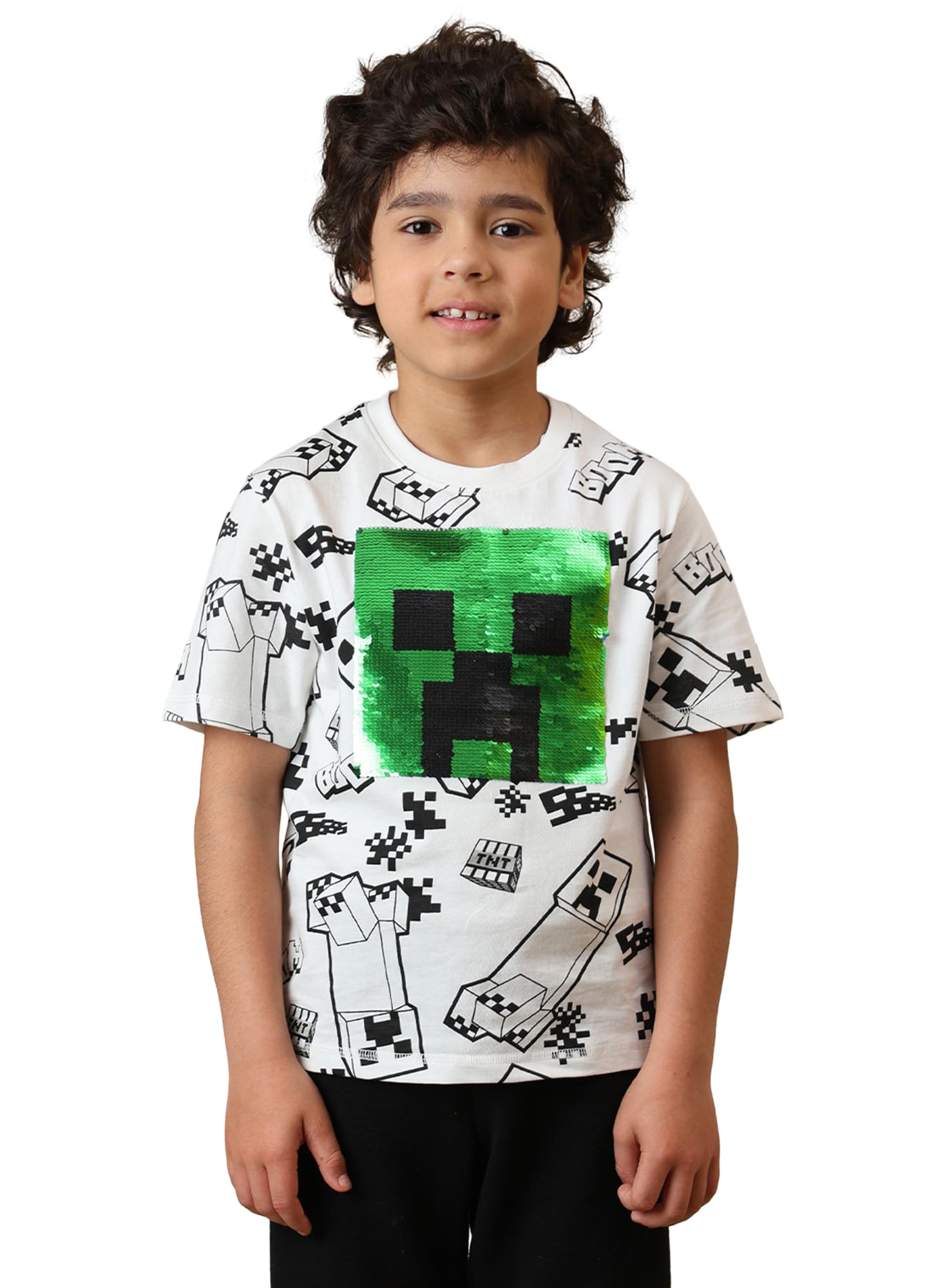 Kidsville Official Minecraft Merchandise Creeper Reversible Sequins Printed Boys Regular Fit T-Shirt | Pure Cotton Casual Round Neck Half Sleeves Kids Wear Tee-picture-10