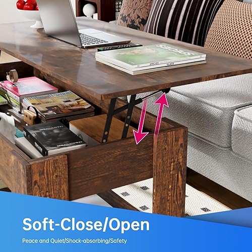 Miniatura 15 de PayLessHere Mesa auxiliar elevable con compartimento oculto y estante de almacenamiento, mesa de comedor de madera para sala de estar y hogar Negro