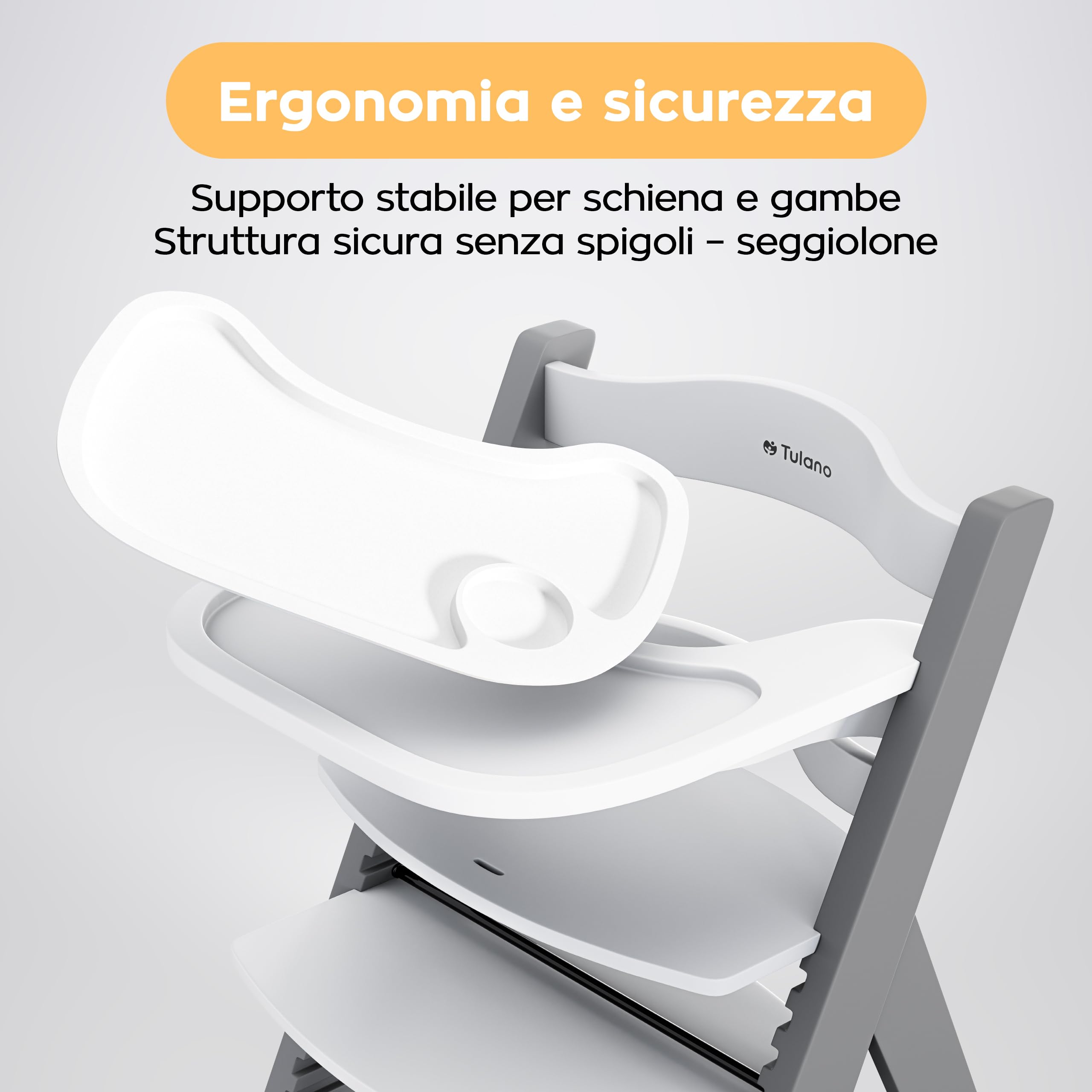 Tulano Morsel 40 - Seggiolone Evolutivo 4 in 1 per Pappa in Legno | Sedia evolutiva con 11 livelli vassoio lavabile cuscini impermeabili e uso da 6 mesi a 12 anni - Grigio Bianco