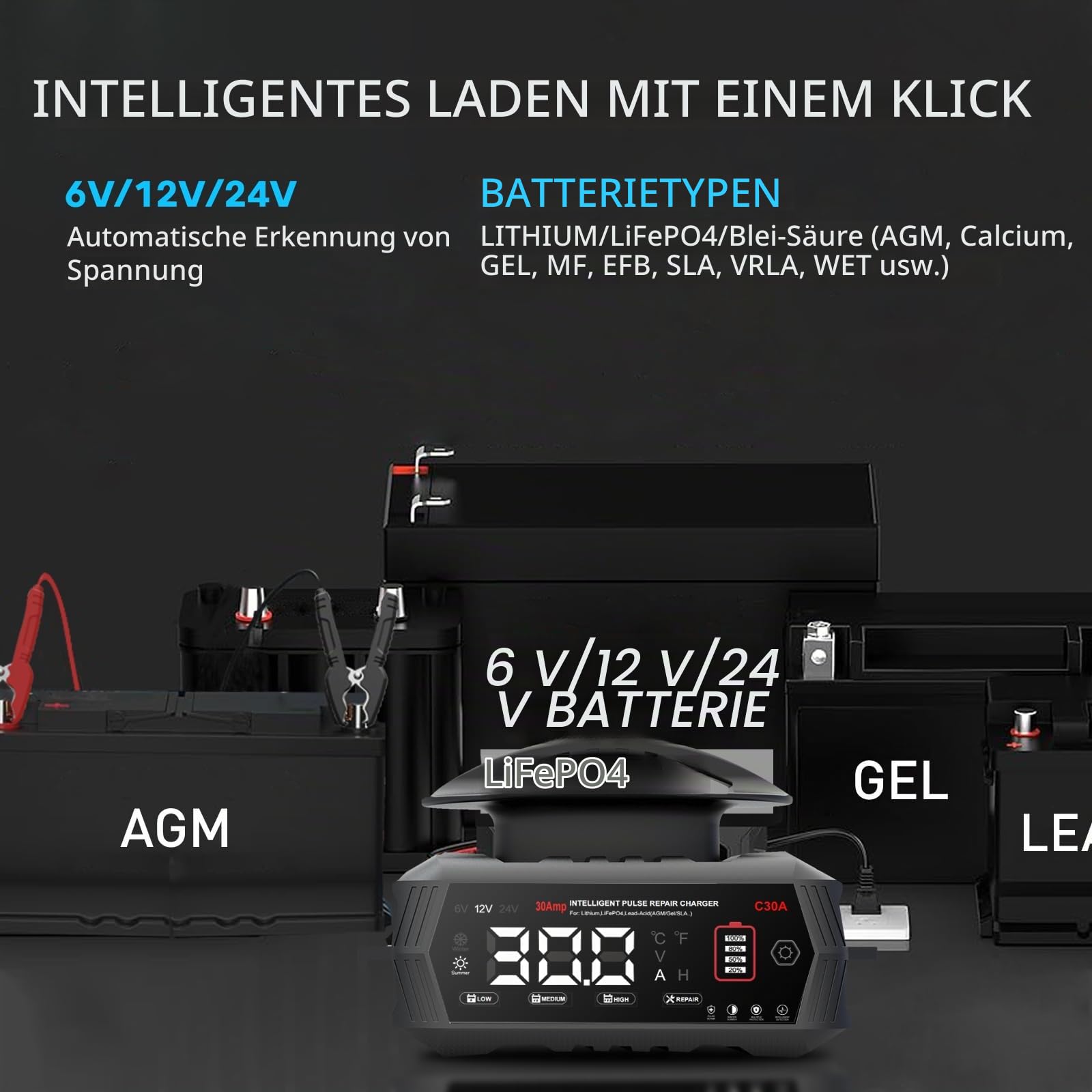 Haisito 30-Amp Batterieladegerät für Lithium/LiFePo4/Blei/Säure/Tiefzyklus (AGM/Gel), 6V/12V/24V Batterieladegerät und Erhaltungsladegerät, Erhaltungsladegerät für Auto-LKW-Motorrad-Rasenmäher-Marine
