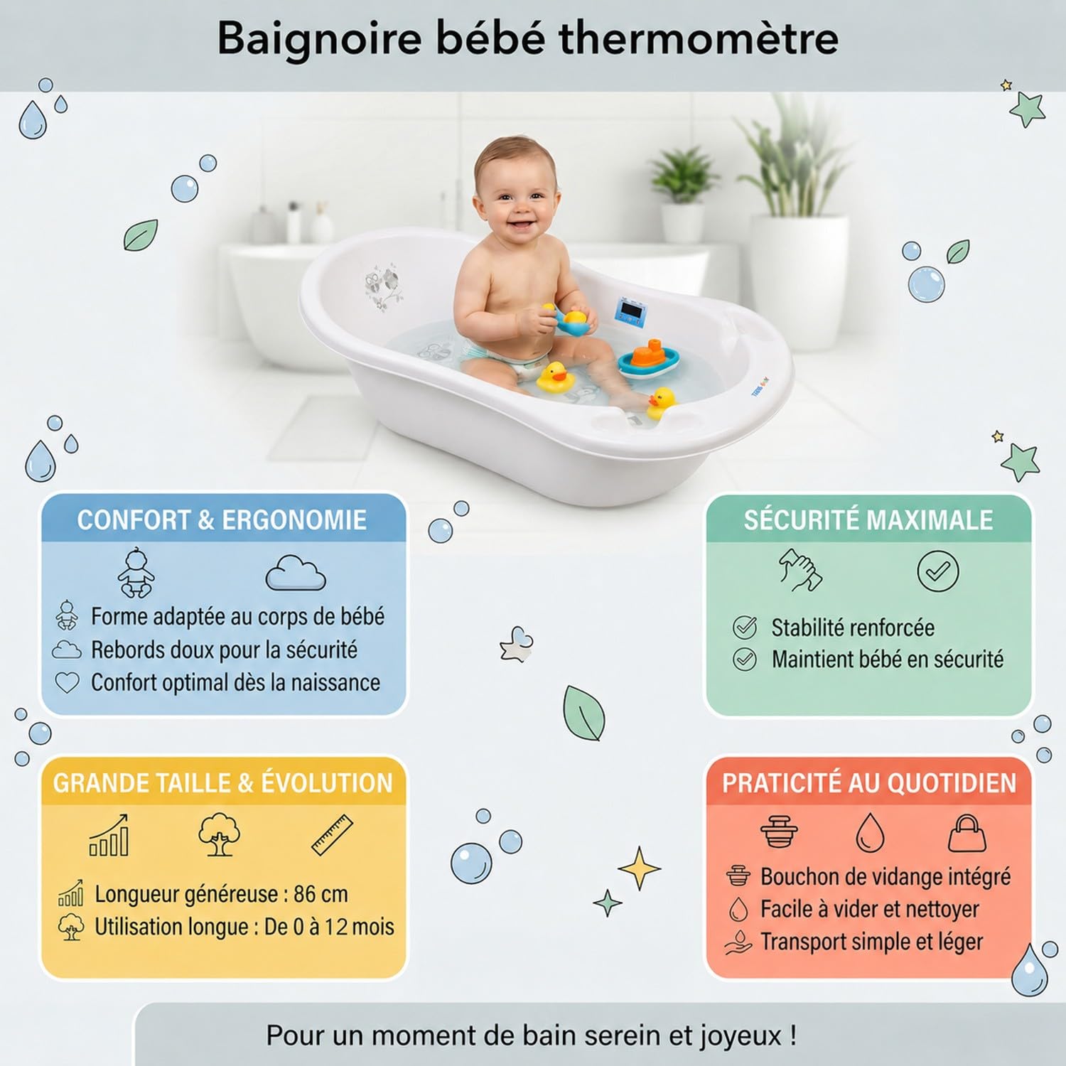 Baignoire bébé thermomètre 86 cm Blanc Owls Avec pied et tuyau