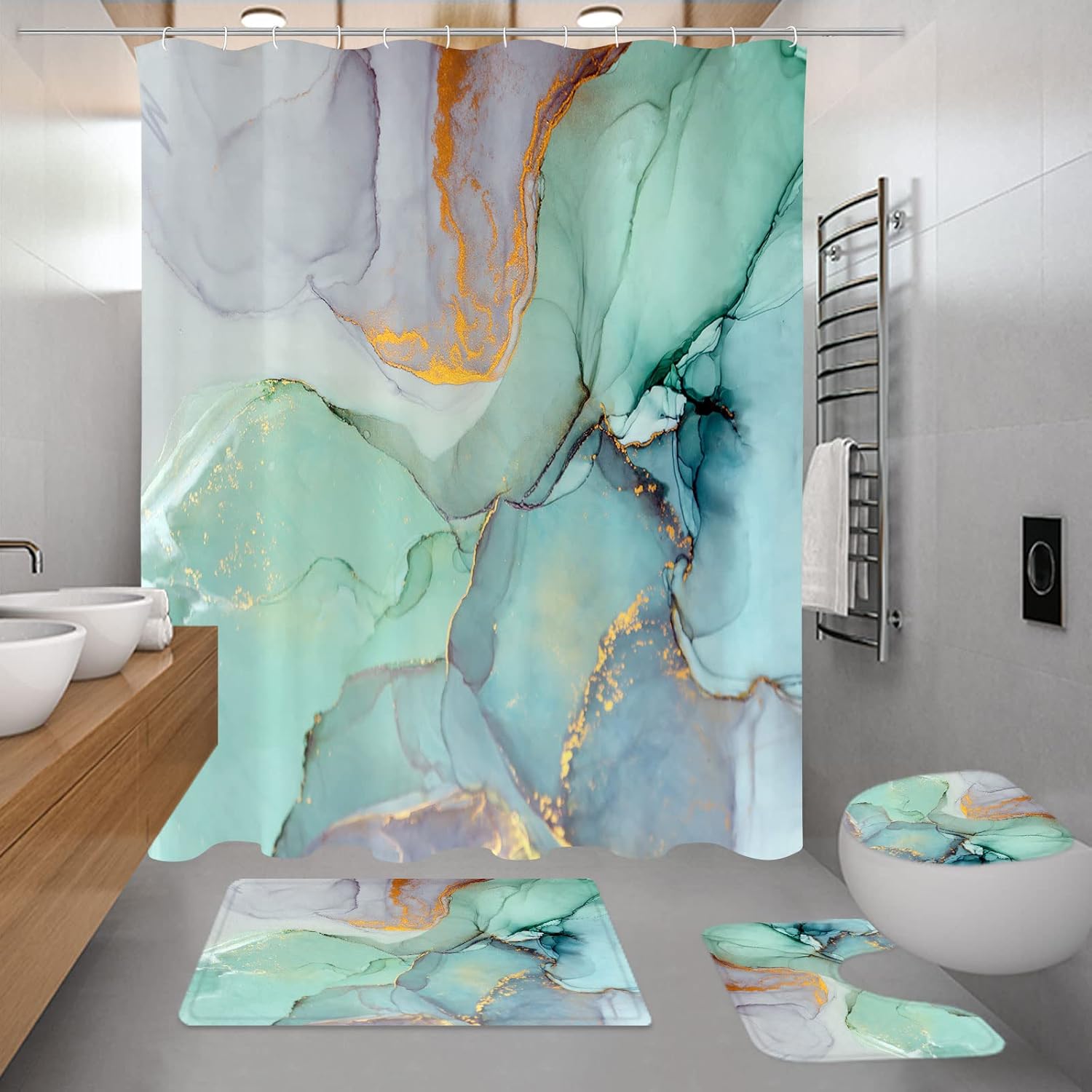 Gibelle Diamond Shaped Shower Curtain Hooks Set of 12, 4 Pcs Bathroom Shower Curtain Set with Non-Slip Rugs, Toilet Lid Cover and Bath Mat