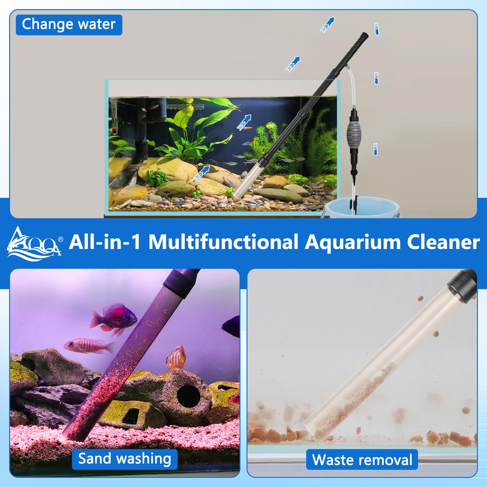 AQQA Aquarium-Siphon-Kiesreiniger, einstellbarer Durchfluss, Aquarium-Kiesreiniger, Staubsauger mit Griff, manueller Wasserwechsel und Sandwäsche (AQ193-L)