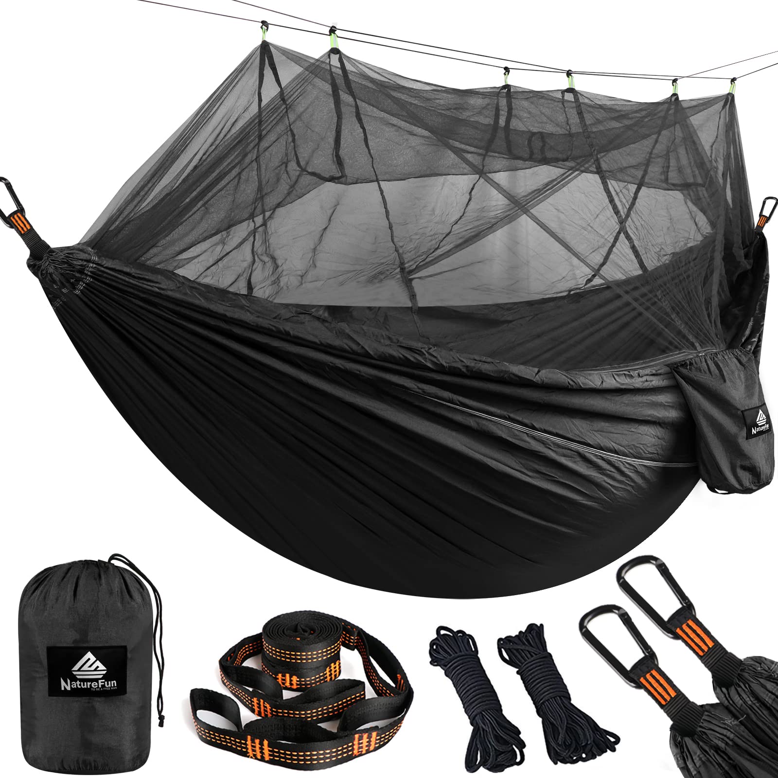 NATUREFUN Camping Hammock with Bug Net | 300kg Load Capacity,(300 x 200 cm) Breathable,Quick-drying Parachute Nylon Travel Hammock | 2 x Premium Carabiners,4 x Slings Included | Outdoor Indoor Garden