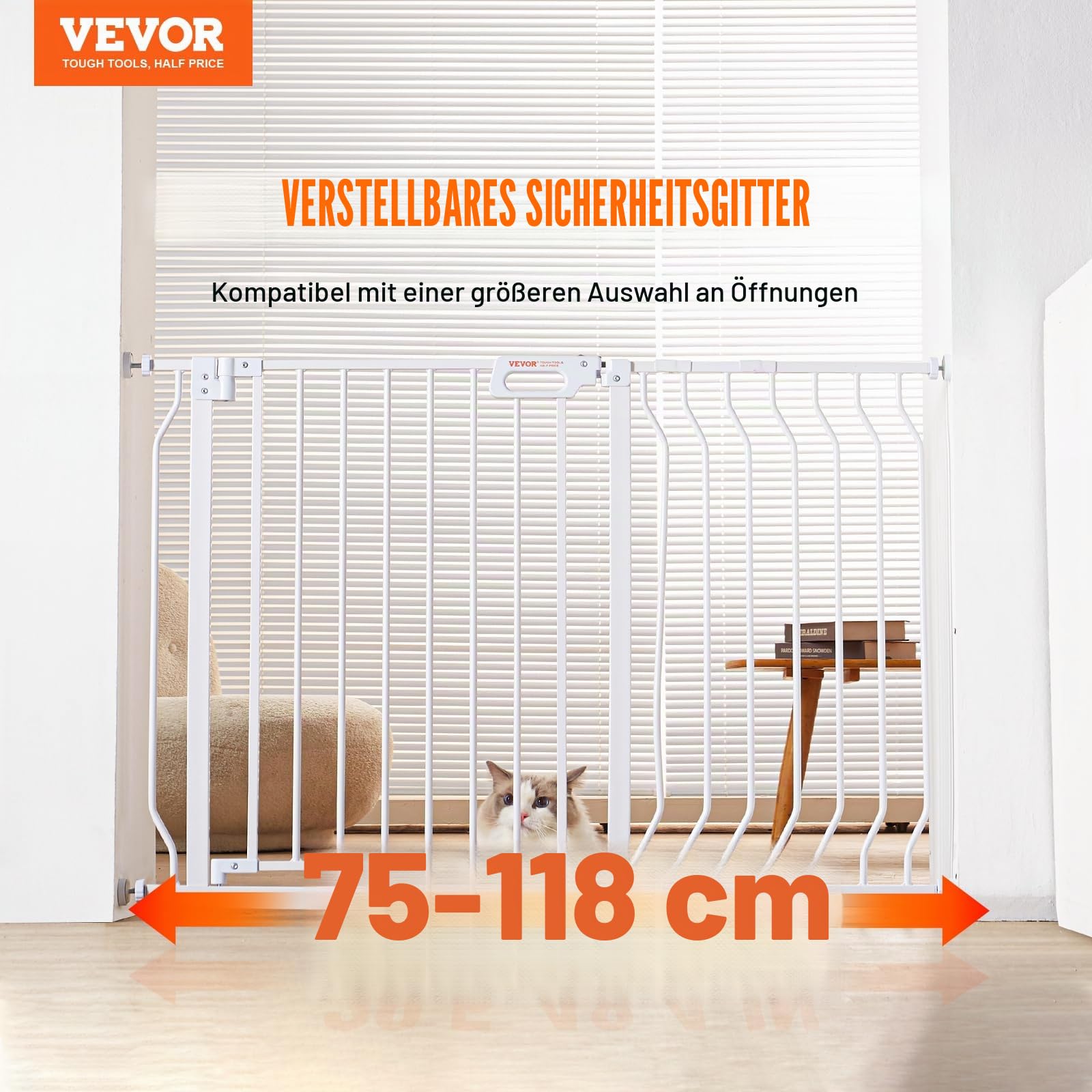 VEVOR Türschutzgitter, Absperrgitter Treppengitter, 749–1229mm Breitenbereich Kindergitter, Haustiergitter, Treppenschutzgitter, Beidseitig Schwenkbare Gitter 762mm Höhe, Weiße Babygitter ohne Bohren