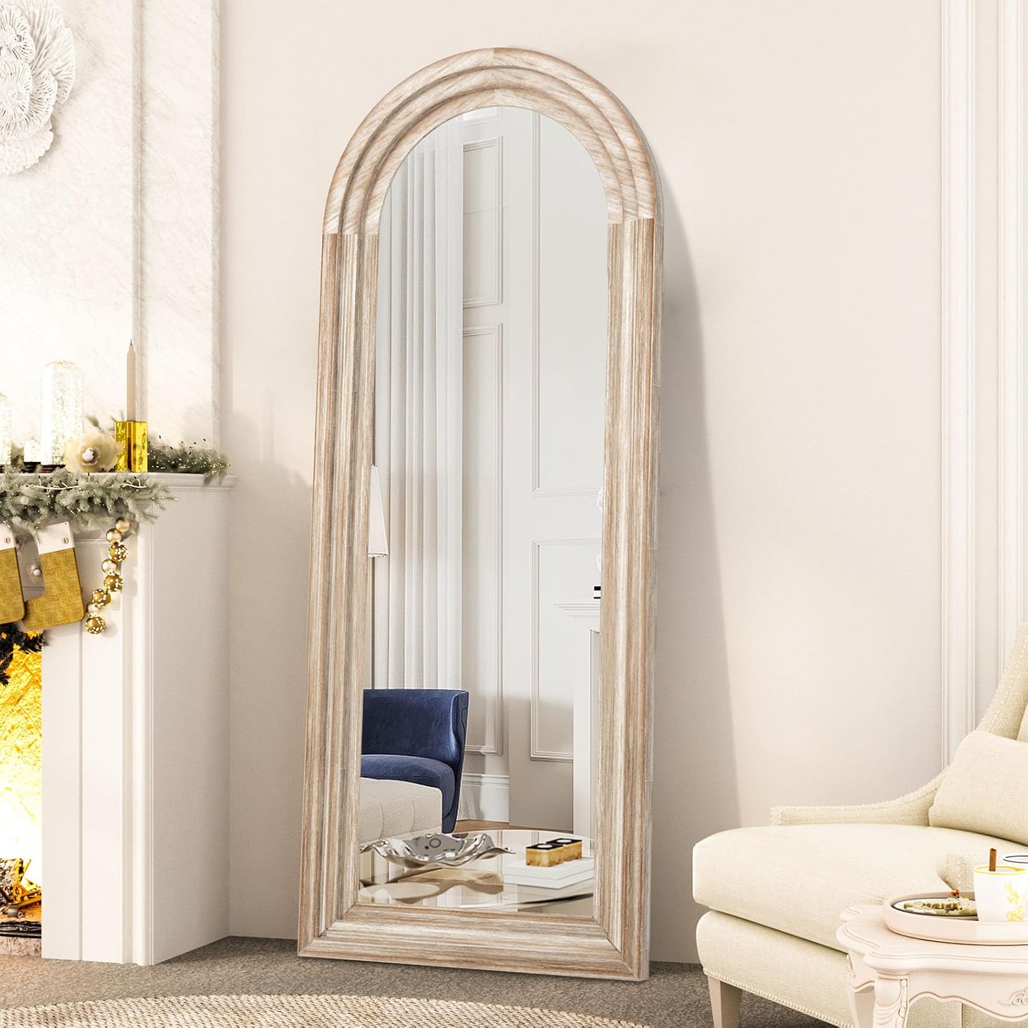 CASSILANDO Full Length Mirror Arched 65"x24" Wood Wall Full Length Distressed Large Floor Mirror for Living Room, Bedroom, Entrance.（Weathering White - Image 3