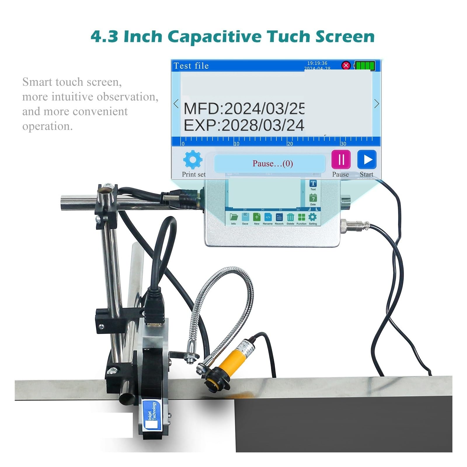 Impresora de inyección de Tinta Industrial en línea de 4,3'' (12,7/25,4 mm) for codificación de códigos de Barras QR, números de Lote para Texto Código de Barras(25.4mm-1 Nozzle)