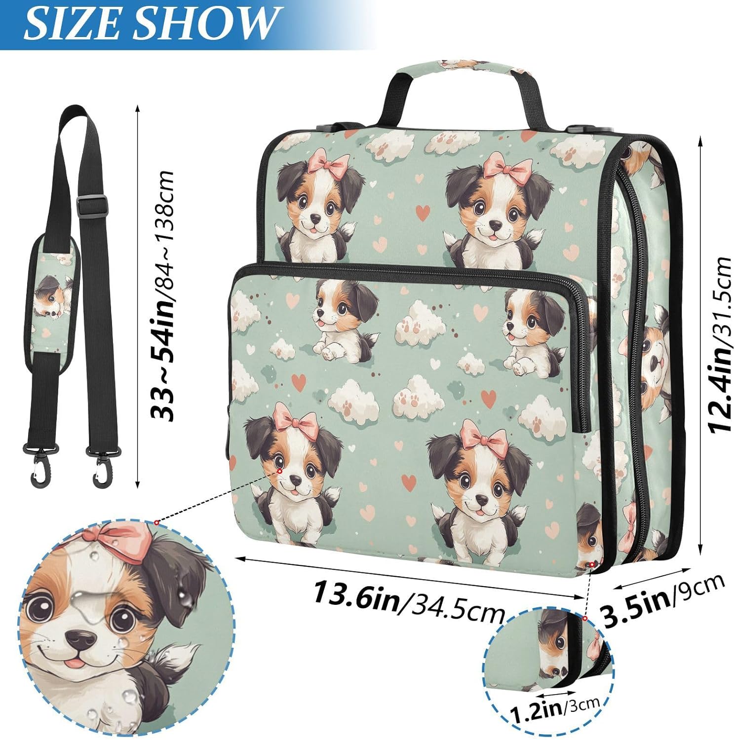 Green Bow Puppies Zipper Binder 3 Ring with Shoulder Strap 2 Inch Binder Holds 500 Sheets Trapper Keeper Zipper Binders Organizer for School Students Office