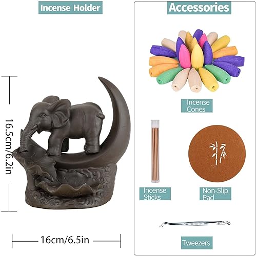 Miniatura 3 de Quemador de incienso de reflujo de elefante con 20 conos de incienso, 30 varillas de incienso, 1 pinza, 1 estera, regalo para decoración del hogar
