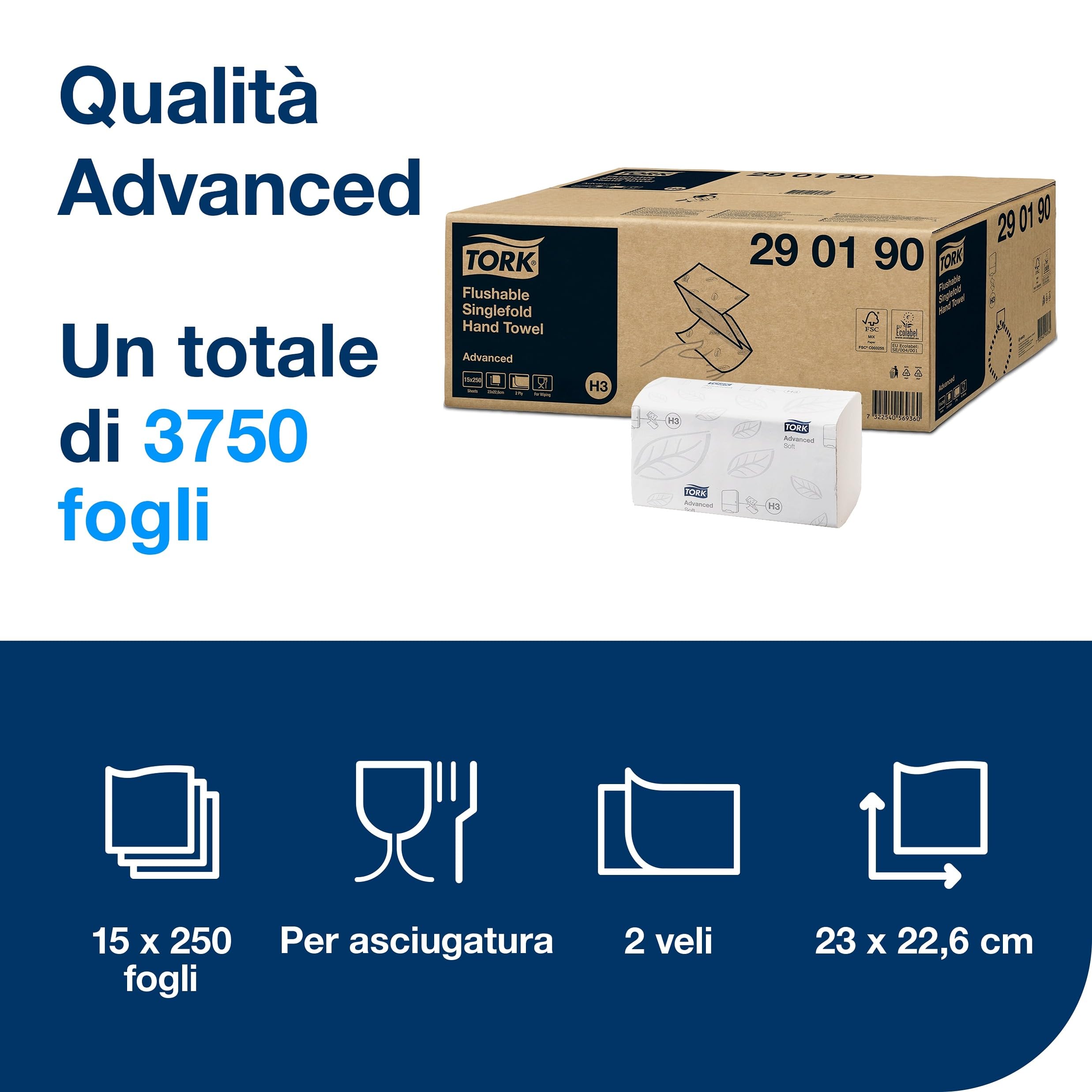 Tork 290190 Asciugamani a piegatura singola e dissolvimento rapido Advanced, compatibili con sistema H3, 2 veli, 1 conf. 15 pacchetti x 250 asciugamani, bianco