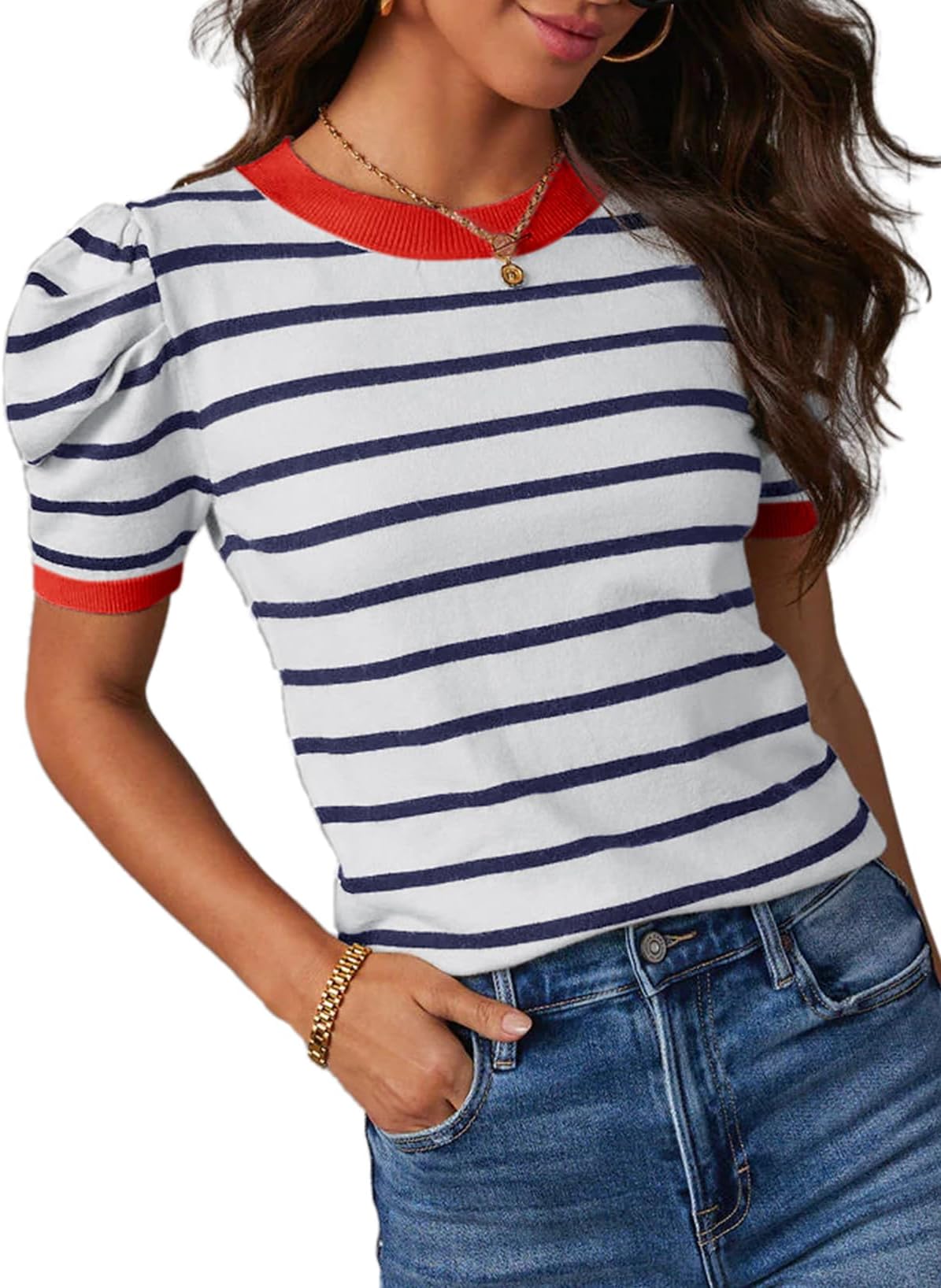 Women's Short Puff Sleeve Tops 2026 Striped Lightweight Sweaters