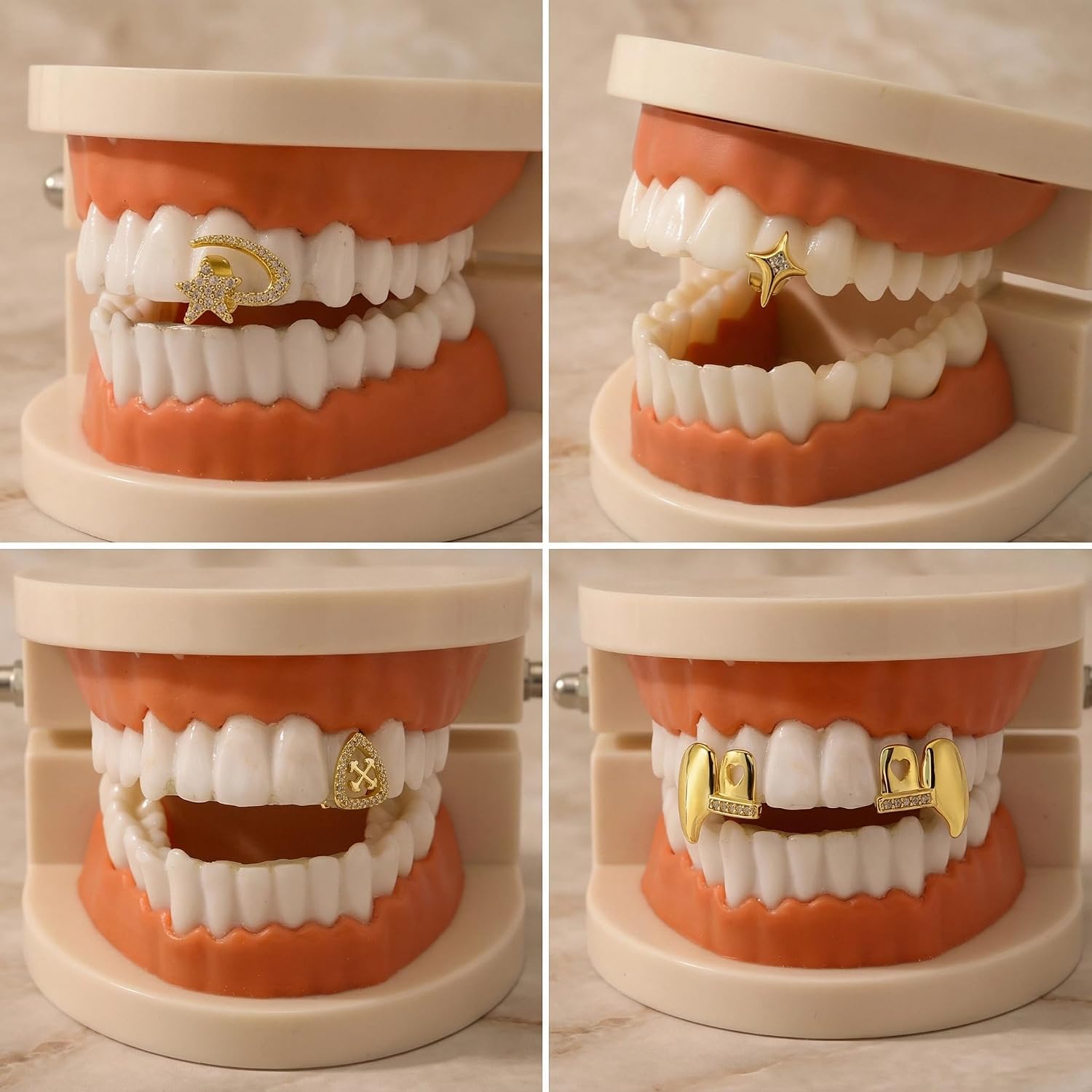 6 Pcs Hip Hop Grillz Set, Open Face Teeth Jewelry for Men & Women, Easy Fit Adjustable Dental Caps with Improved Mold, Secure Hold for Music Festivals, 4th of July, World Cup Parties, Costume Events