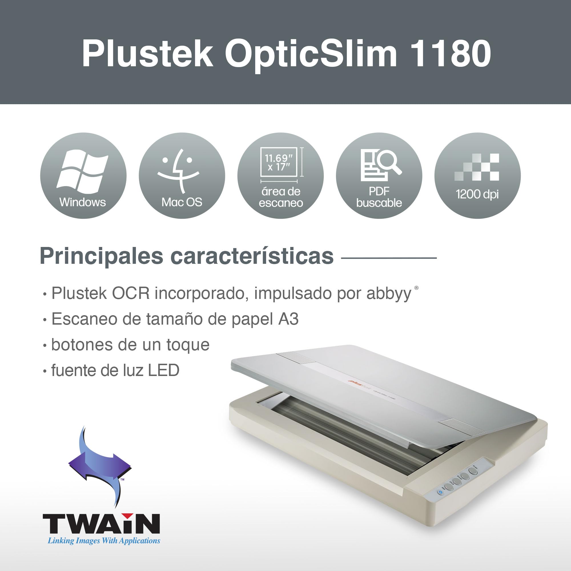 Plustek OS1180 Escáner Plano A3 para Gráficos y Documentos, Escaneo Rápido