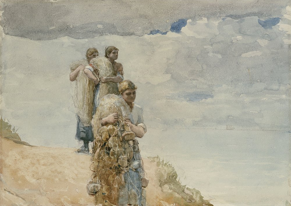 Winslow Homer On the Cliff Cullercoats grand cadre noir déco murale