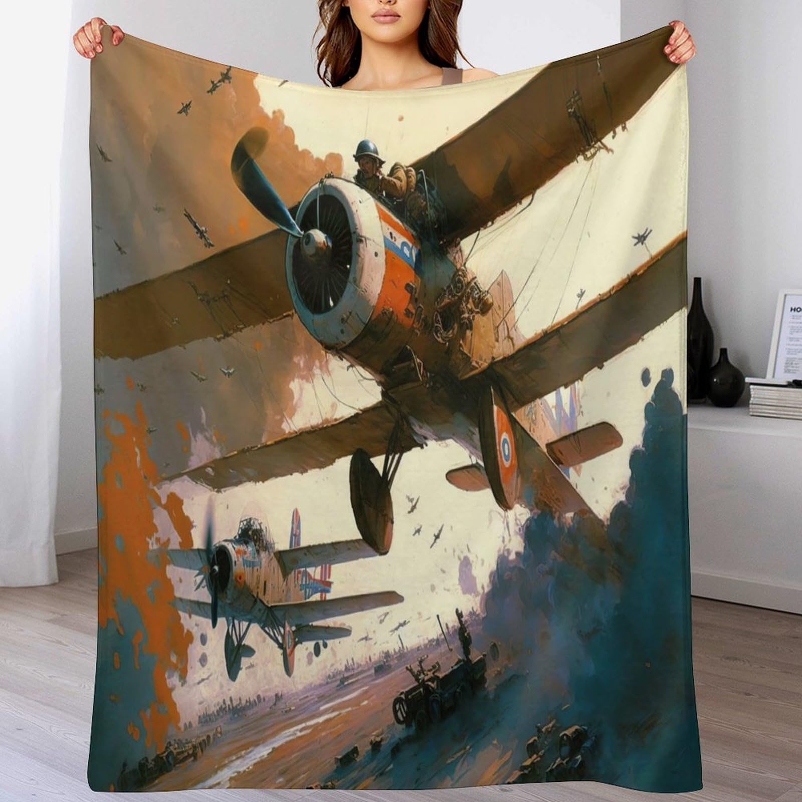 Couverture Polaire Avion en Plaid Flannel Moelleuse pour Lit 150x200cm