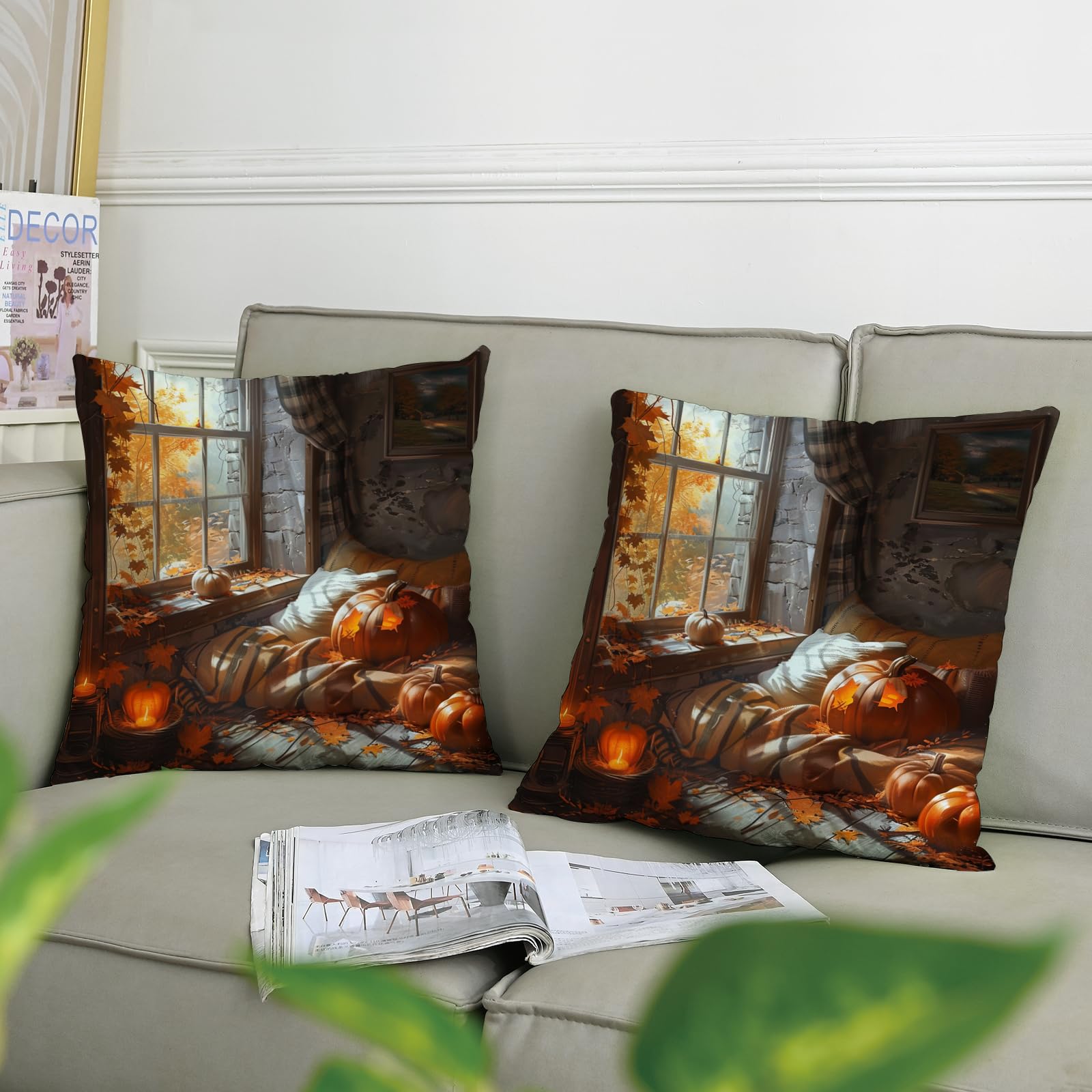 Set Di 2 Federe Per Cuscino 50x50 Cm A Quadri Arancioni E Bianchi - 7COLORROOM, Decorazione Autunnale A Tema Zucca