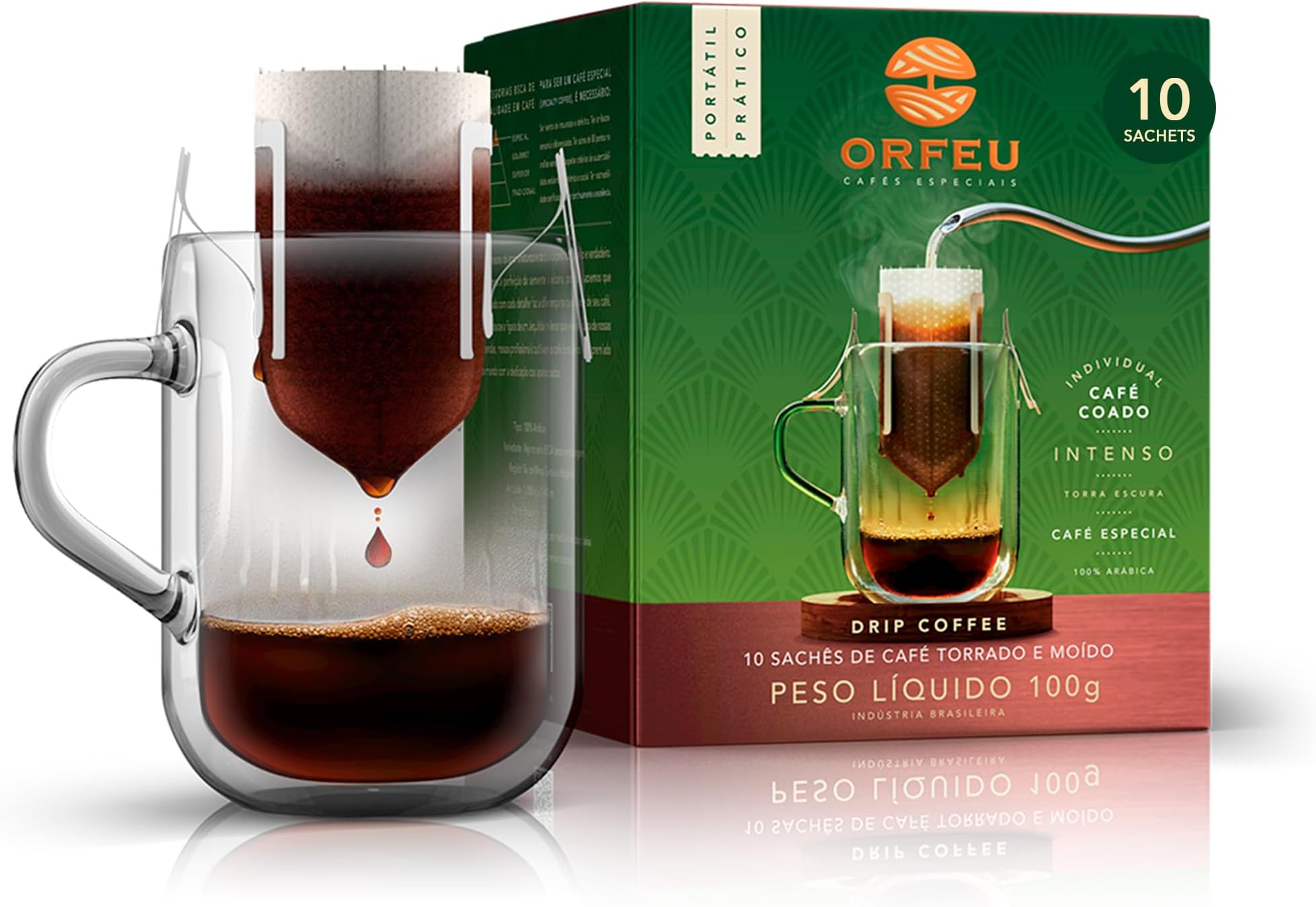ORFEU - Specialty Coffee Intense - Drip Sachet - Arabica, Dark Roast, Notes of Toasted Caramel & Fruit Jam - Low Acidity - 10 Units (3.52 oz / 100g)