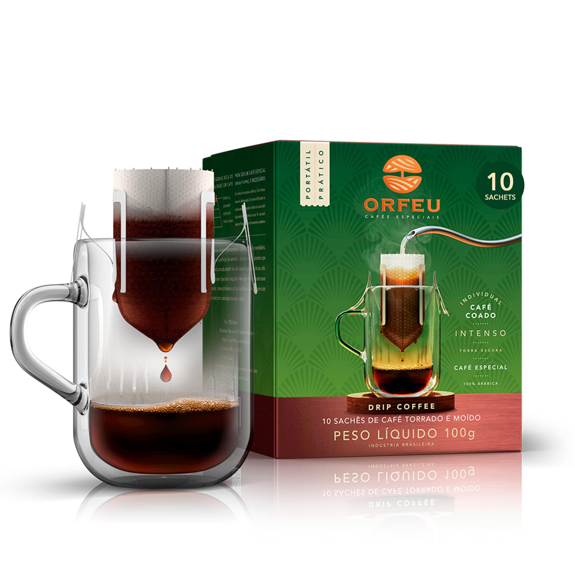 ORFEU - Special Coffee Intense - Drip Sachet - 100% Arabica Coffee, Dark Roast, Aroma of Toasted Caramel & Fruit Jam, Low Acidity, Made In Brazil, Velvety Body - 10 Units, 100g