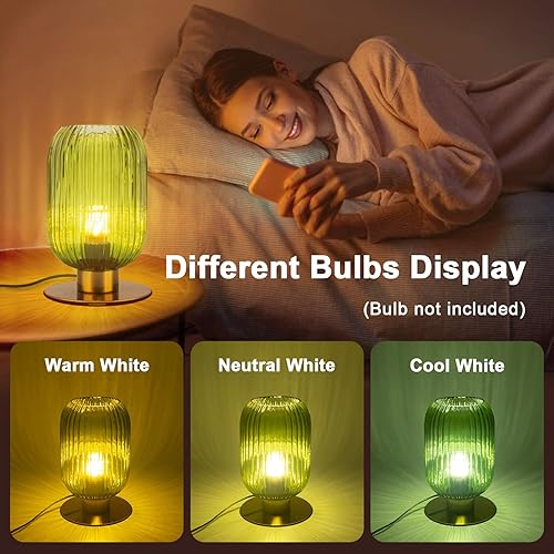 Miniatura 4 de Lámpara de mesa de cristal verde, lámpara de mesa moderna de mediados de siglo, lámpara de noche dorada vintage con base de metal de latón, lámpara