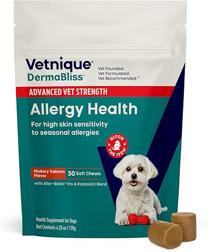 Vetnique DermaBliss - Masticables para alergias para perros para aliviar la picazón de las alergias estacionales, la piel y la salud intestinal con