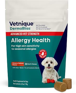 Vetnique Dermabliss Dog Allergy Chews Advanced Strength for Itch & Skin Relief, Anti-Itch Supplement with Aller-Biotic Pro, Quercetin, Wellmune & Omega 3 30ct, Advanced Strength Chews