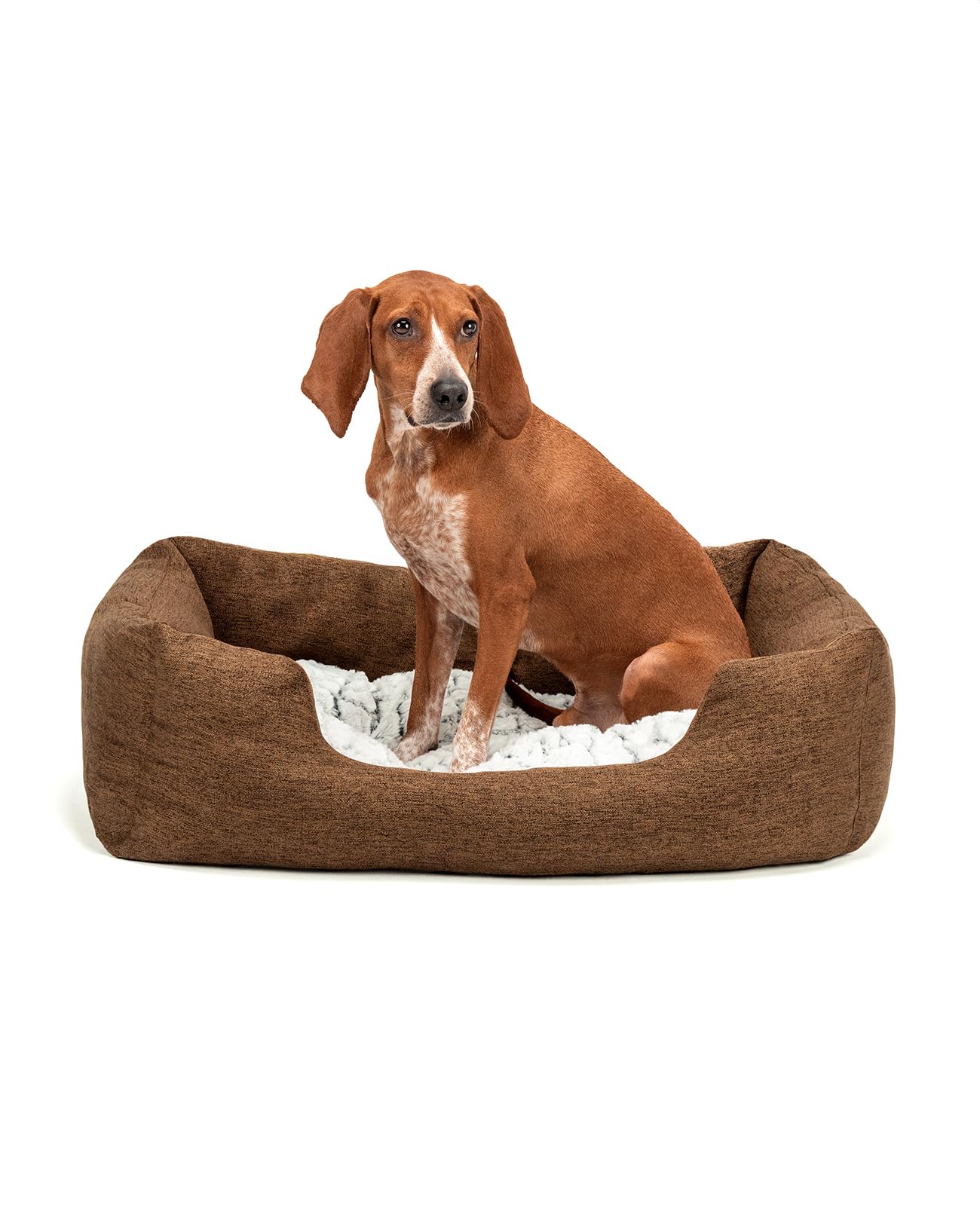 lionto Dog Basket with Fluffy Reversible Cushion, 80 x 60 cm, Brown