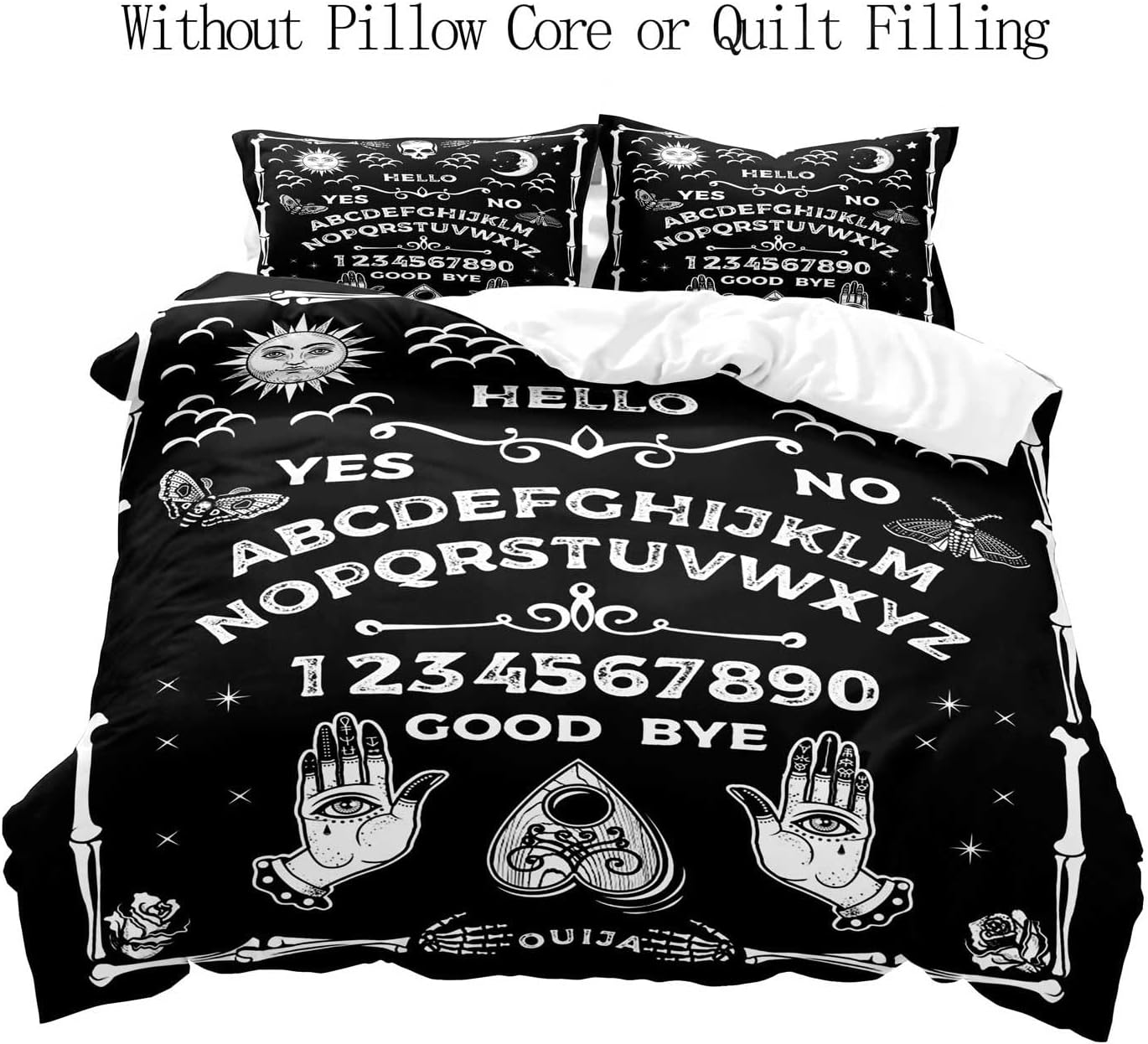 LUVIVIHOME 3PCS Witchy Duvet Cover Queen Bedding Sets, Ouija Board Tarot Palmistry Hand Sun Moon Skull Skeleton Moth Rose Gothic Spooky Occult Astrology Spiritual Black Comforter Cover, 2 Pillow Cases