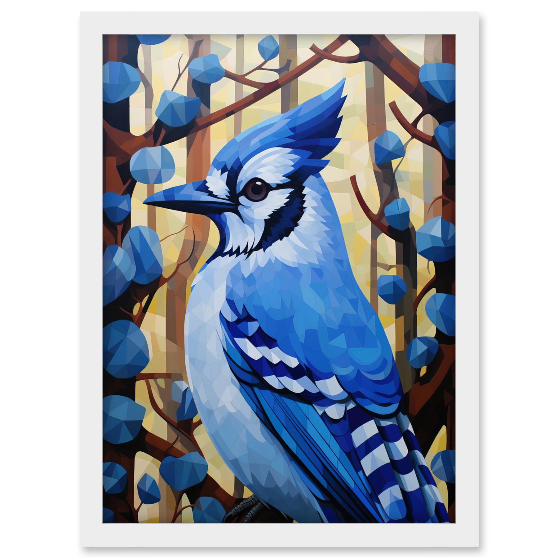 Artery8 Blue Jay Geometric Artwork Wild Bird Perched on Tree Polygonal Forest Landscape Artwork Framed A3 Wall Art Print