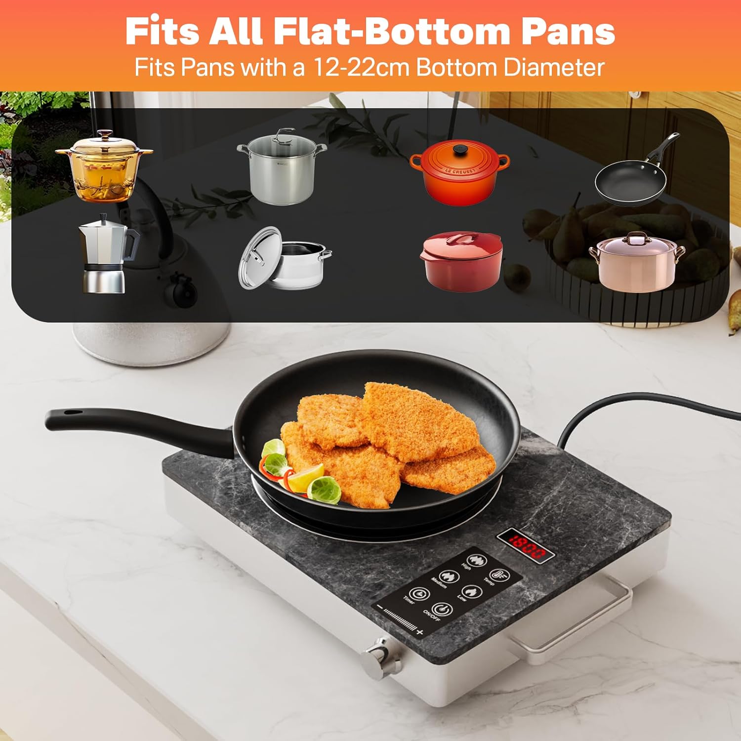 1800W Single Burner Electric Stove Top, Portable Infrared Electric Cooktop with Marble Glass, 110V Ceramic Hot Plate, Countertop Burner with Timer & Knob Control, 18 Levels Power Settings