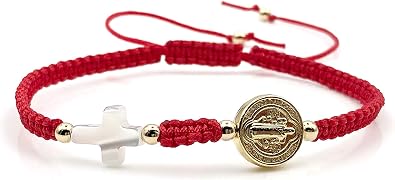 Hand-Woven Thread Bracelet for Women with St. Benedict Medal and Small Nacre Cross - Adjustable Size and Perfect for Women