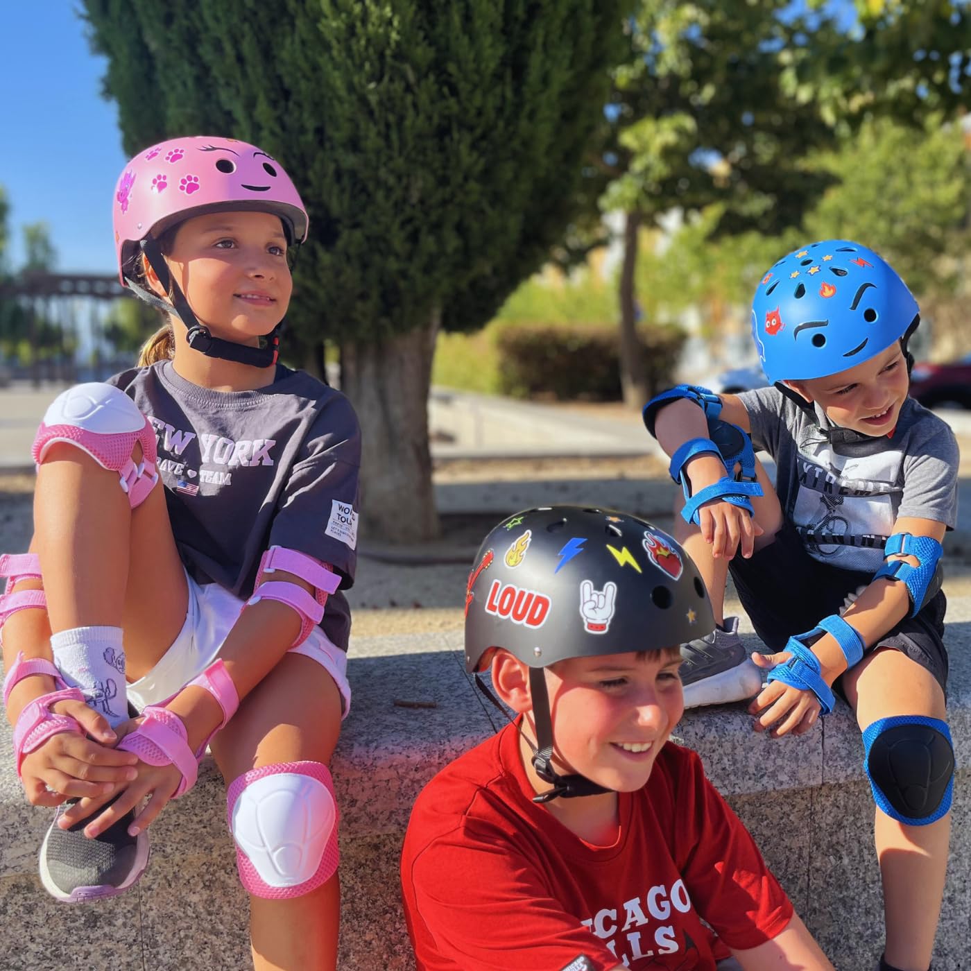 Casco y Protecciones Niño y Niña - Casco + 2 Rodilleras + 2 Muñequeras + 2 Coderas - Bicicleta/Patin/Patines/Skate - Ajustable 50-54cm. Infantil Niños 4-10 Años - Capacete Bicicleta Criança