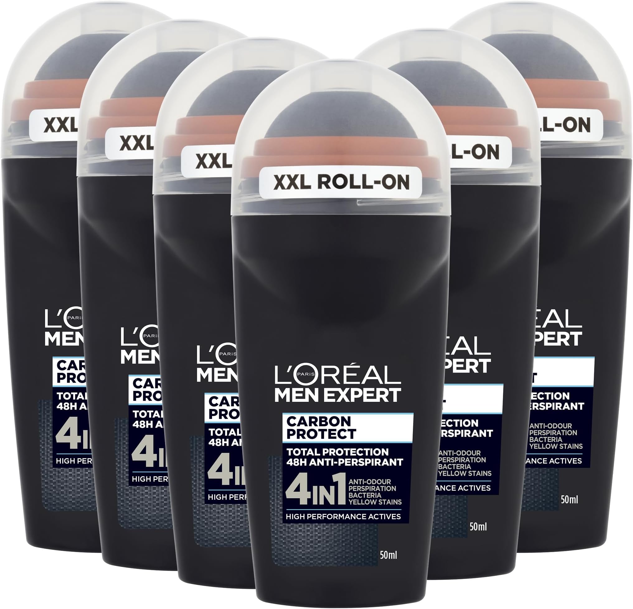 L'Oréal Men Expert Carbon Protect Deodorant Roll-On, 48-Hour High-Performance Anti-Perspirant, 4-in-1 Action with Absorbing Charcoal Powder, No Sticky Residue, Dermatologically Tested
