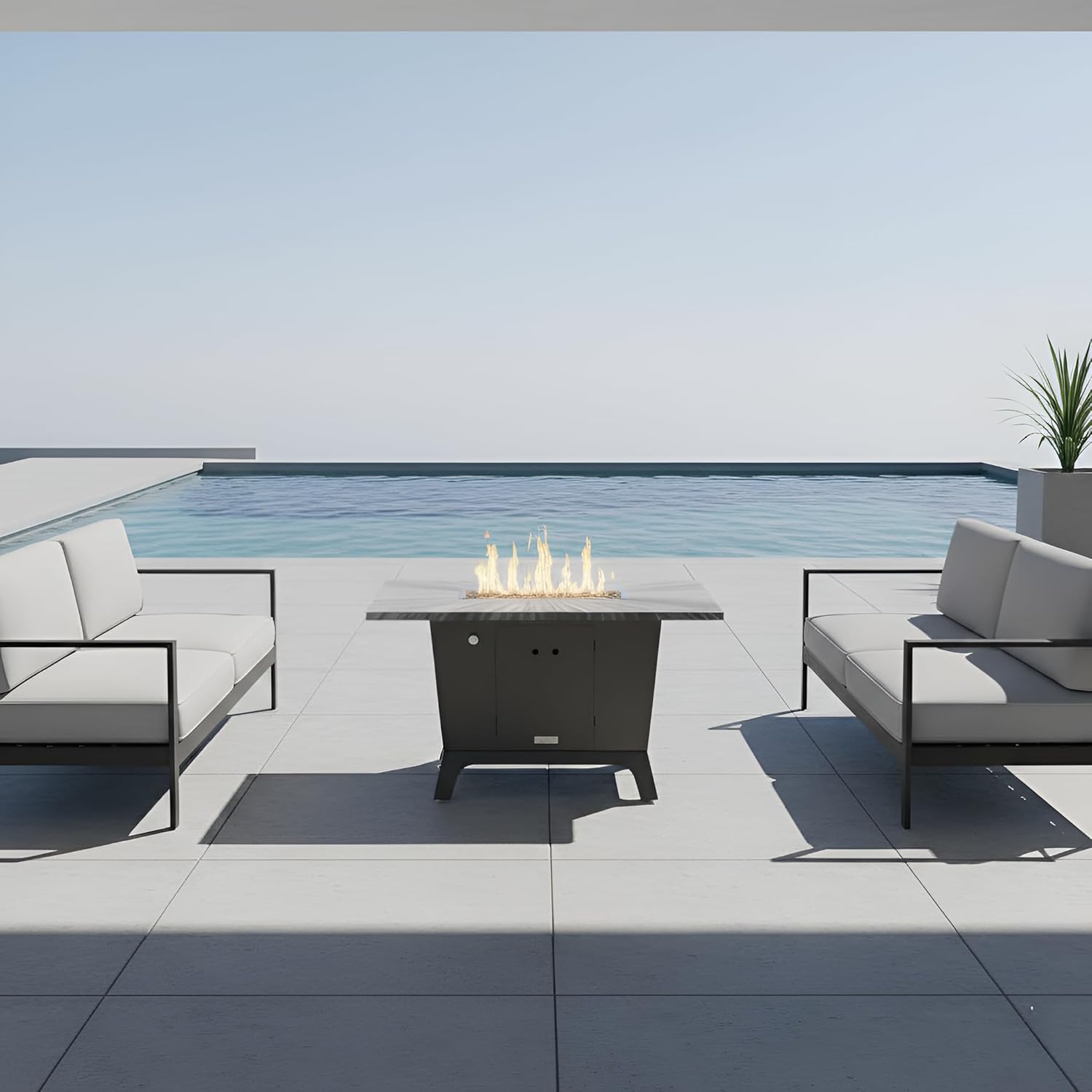 COOKE Palisades Fire Pit Table 52" x 36" x 30" – Aluminum Top, Grey Base, 60K BTU Gas, Propane/Natural Gas Compatible, with Windscreen (Beige Powder Coated Aluminum, Natural Gas)