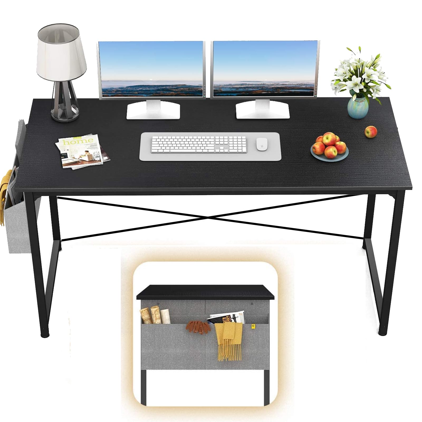 Beauenty Computer Table120*60cm Home Office Desk Table Computer Study Table, Modern Standing Desk Simple Writing Table,Sturdy Office Table, Work Desks with Storage Bag Laptop PC Table(Black, 120x60CM)