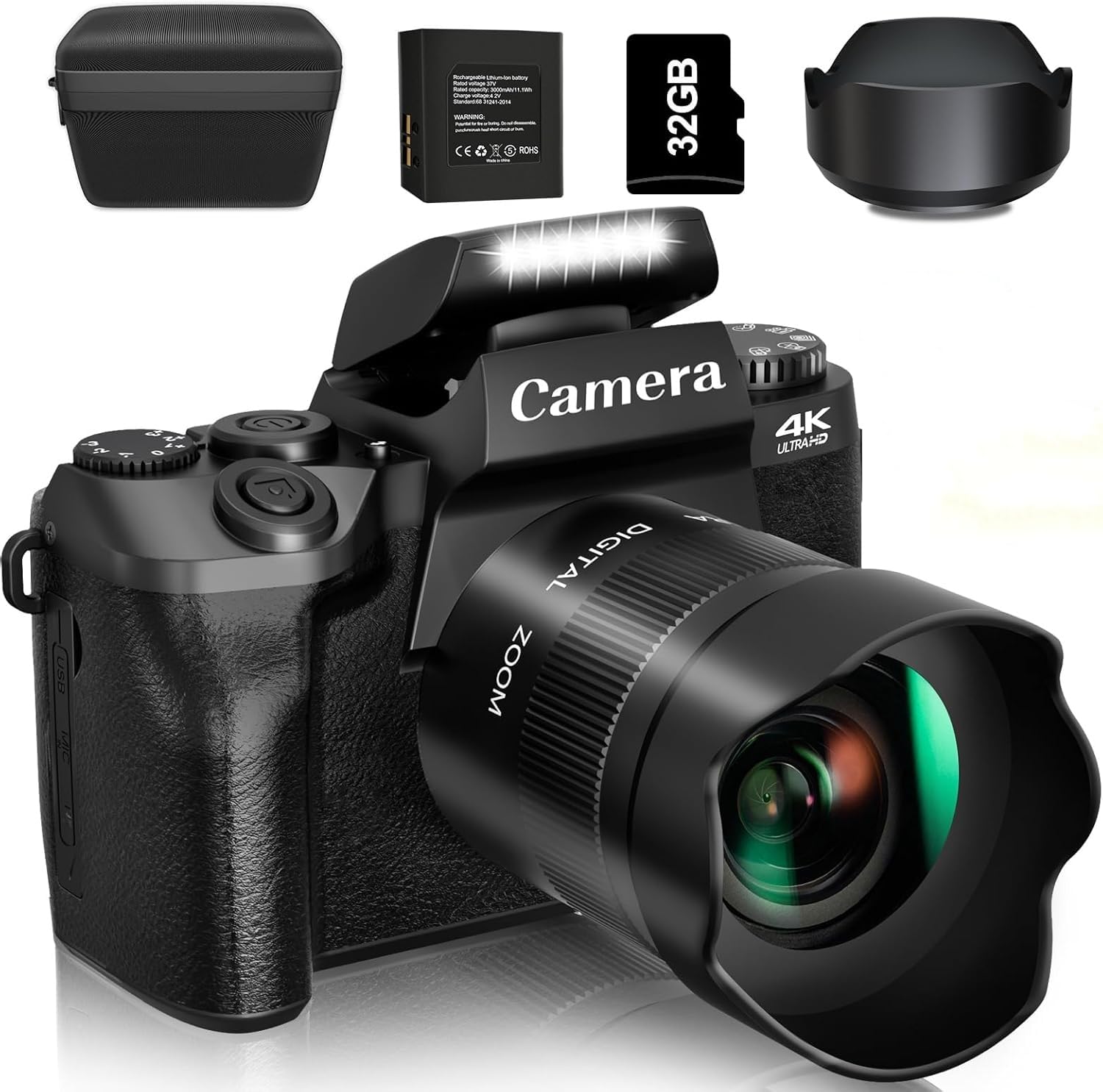 Digitalkamera 4K 64MP Fotokamera mit 4.0" Touchscreen, 16X Digitalzoom Kompaktkamera Mit für Anfänger mit WiFi, mit Kameratasche, 32GB TF-Karte