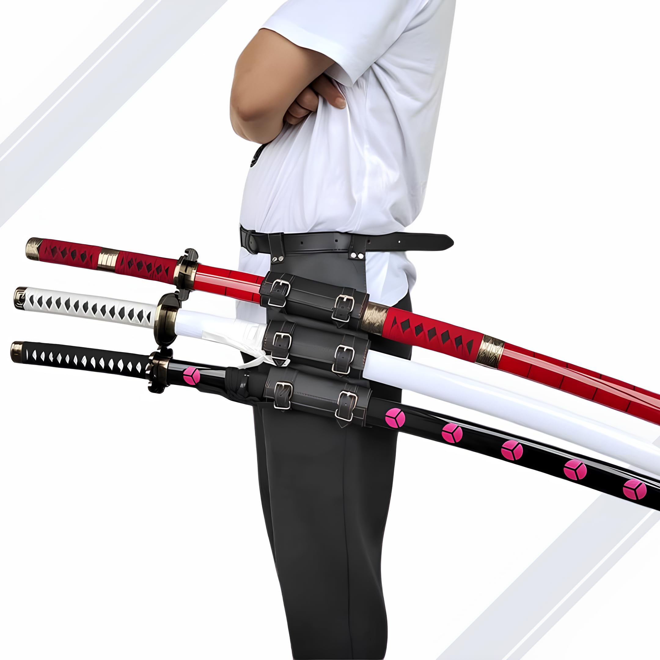 Tripla Katana One Piece - Roronoa Zoro Shusui Wado Kitetsu - Tre replica Manga Sciabola + supporto per spada in legno + tripla cintura, SH-511-7WDL