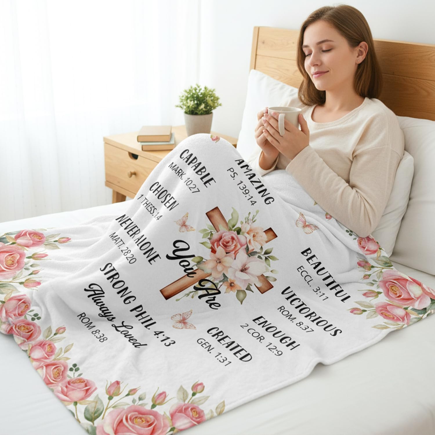 Christian Blanket Gifts for Women - Religious Faith Bible Baptism Gift, Catholic Christmas Birthday Friendship Gifts for Girls Sister Mom, Pink Rose Cross Inspirational Throw Blanket 59"X 51" - Image 3