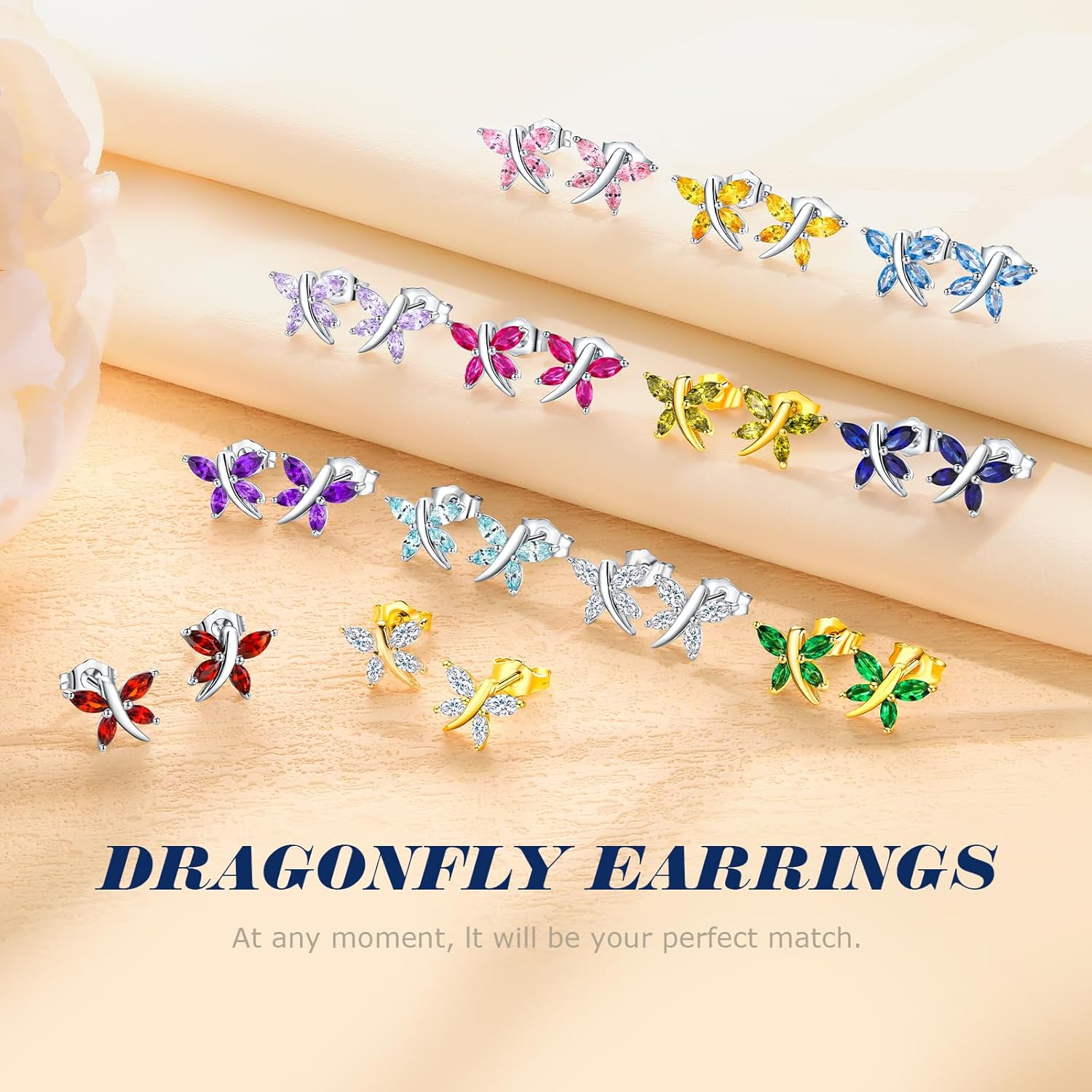 Small Butterfly/Dragonfly Stud Earrings 925 Sterling Silver/14K Gold Plated Created Gemstone Birthstone Studs Hypoallergenic Ear Jewelry Gift for Her - Image 3