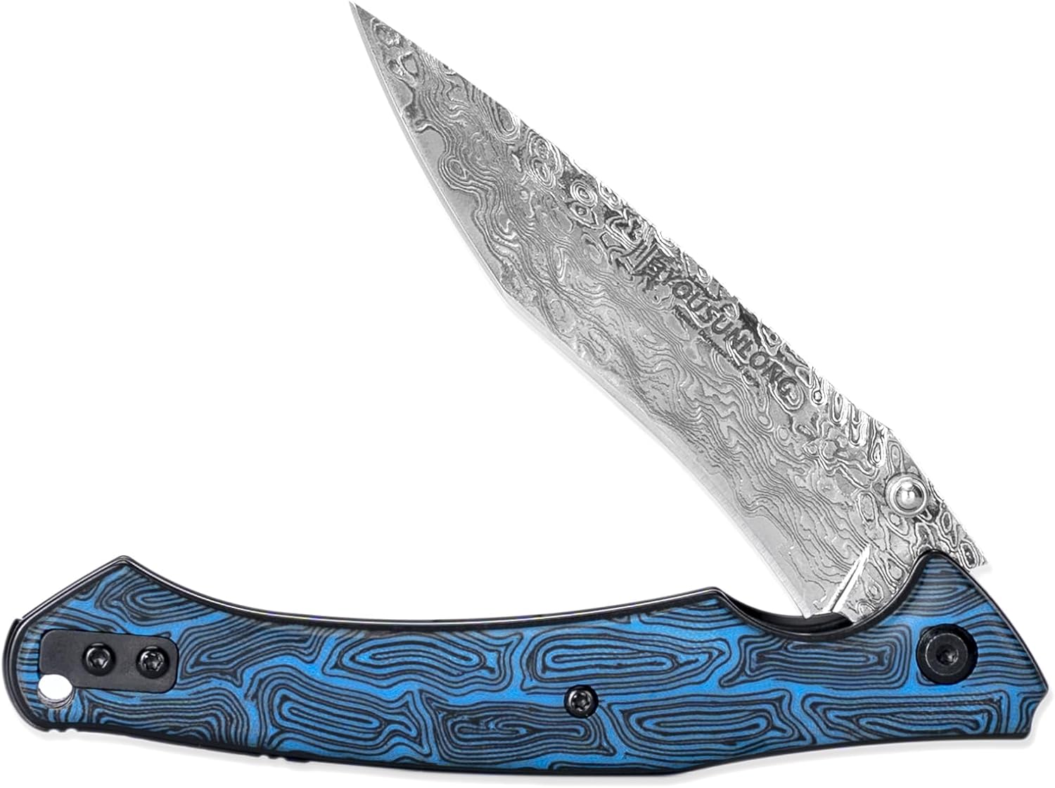 YOUSUNLONG Folding Knife - Hammered Damascus Steel Blade - Blue Damascus texture G10 Cover