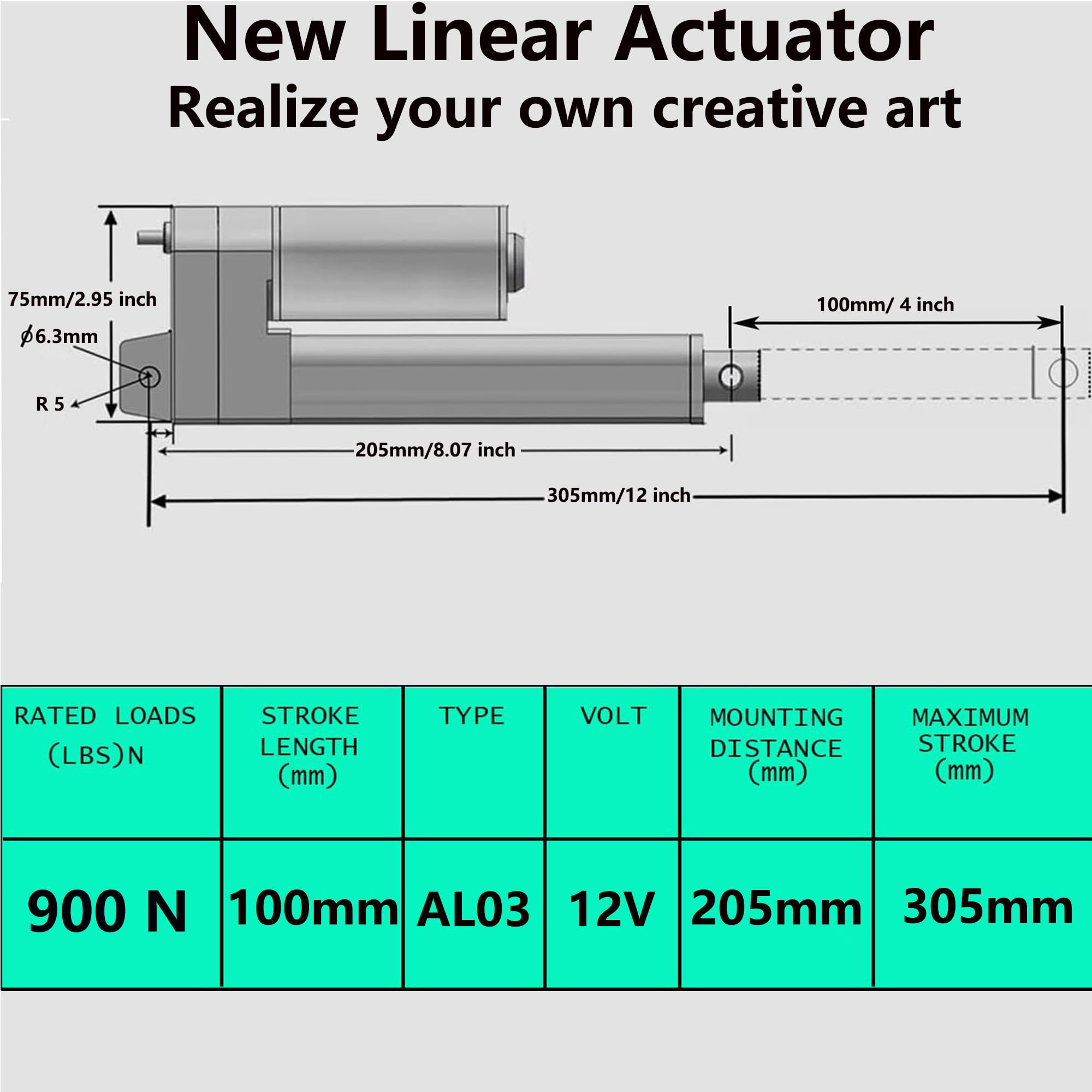 AWINLI Actionneur linéaire de 10,2 cm, robuste 91,6 kg (900N) haute vitesse 9 mm/s DC 12 V avec interrupteur à distance inversé et support de montage, pour portes industrielles, poulailler (100 mm)
