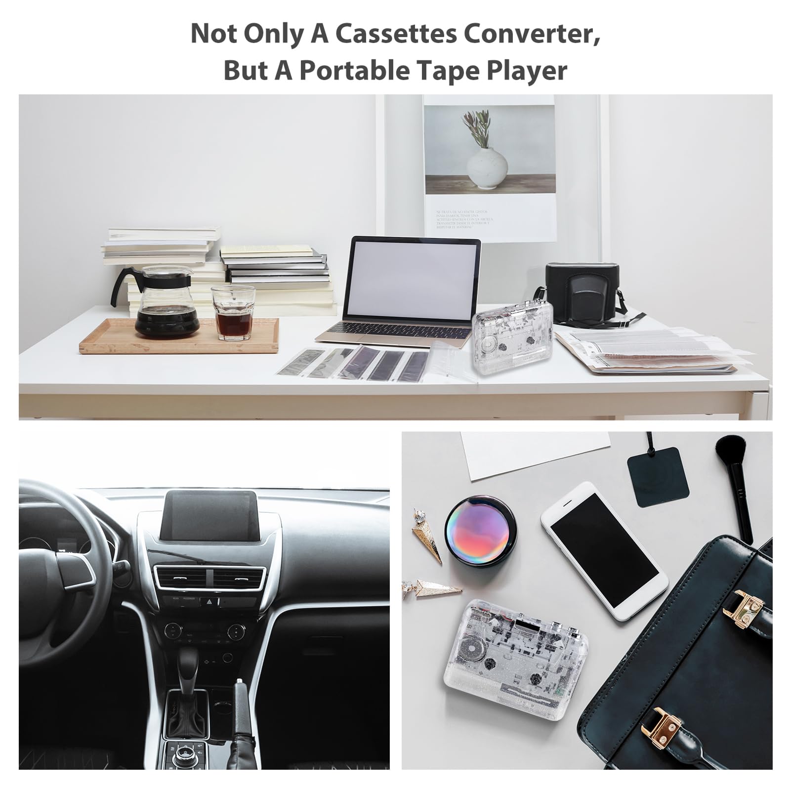 HUIOP Lecteur de cassette USB portable transparent avec port USB 2.0, lecteur de cassette