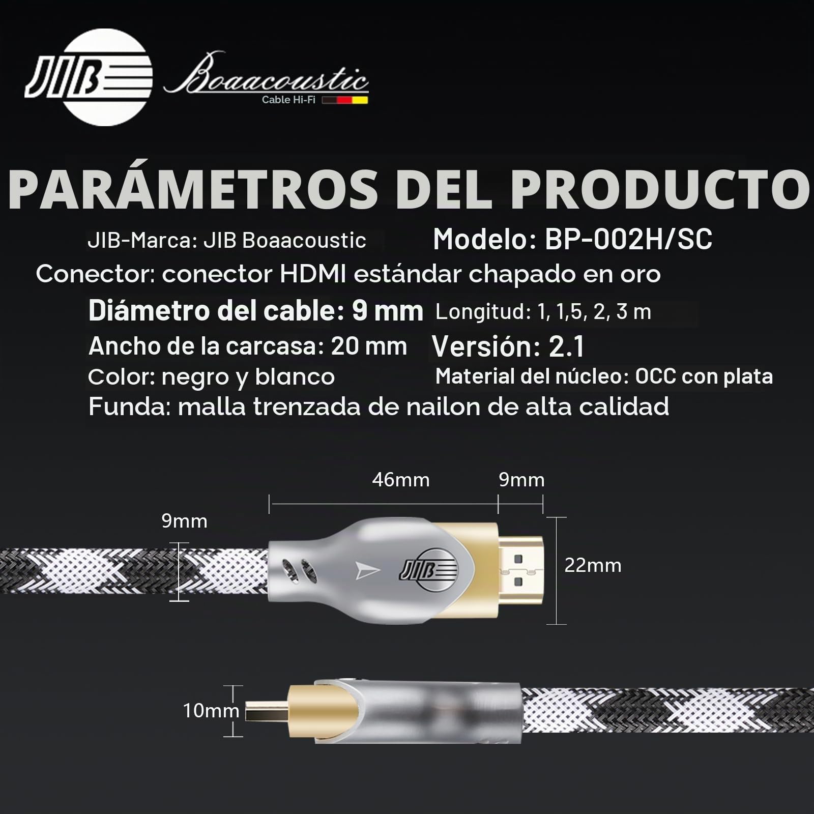 BOAACOUSTIC JIB hi-end Audiophile 8K Cable HDMI 48Gbps 2M, Certificado Ultra Alta Velocidad HDMI Cable 4K 240Hz 144Hz 8K 60Hz 0.01ms HDR10+ ARC eARC HDCP 2.3 Netflix Roku TV PC Proyector PS5 2m