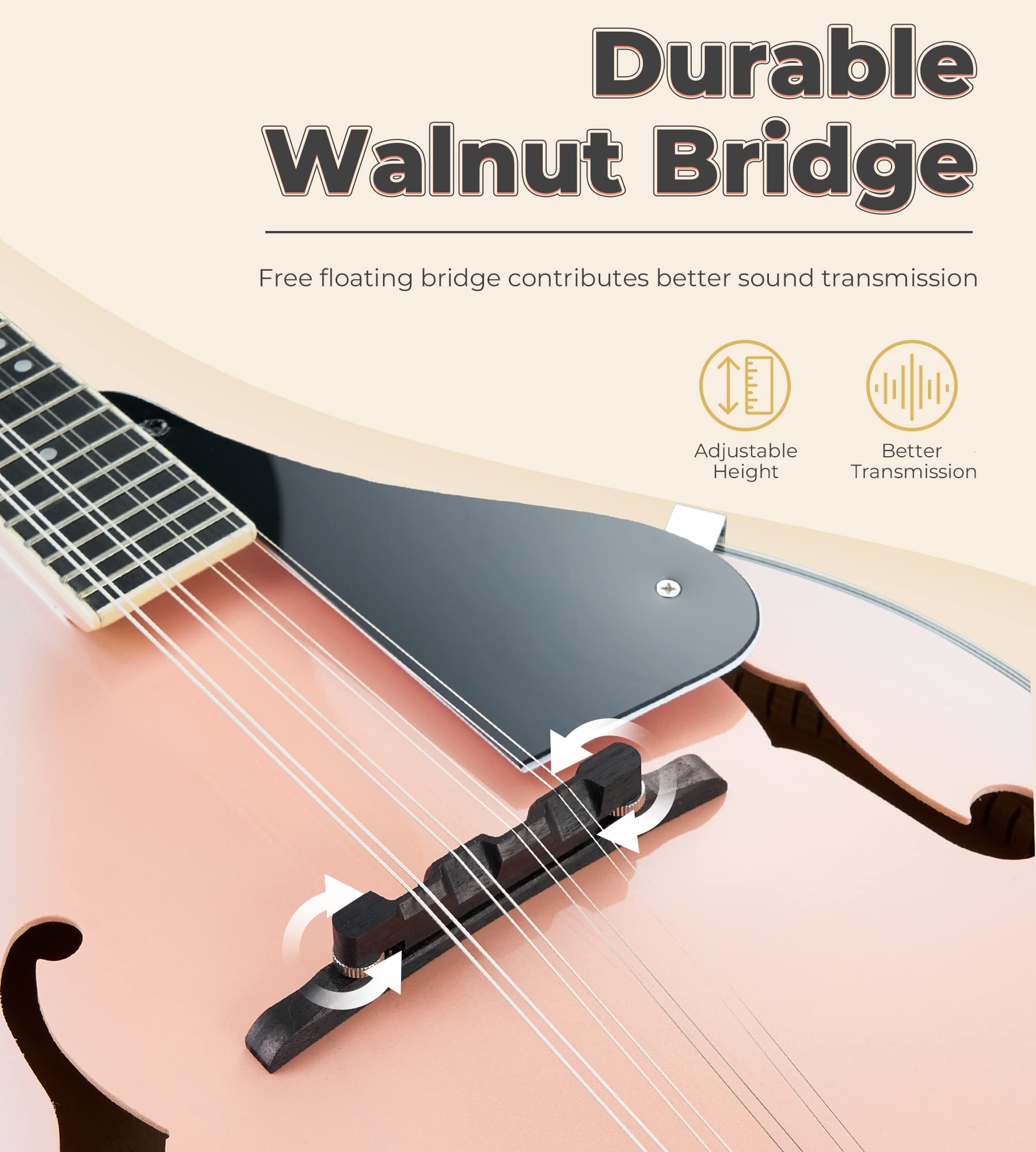 Close-up of the mandolin's durable walnut bridge