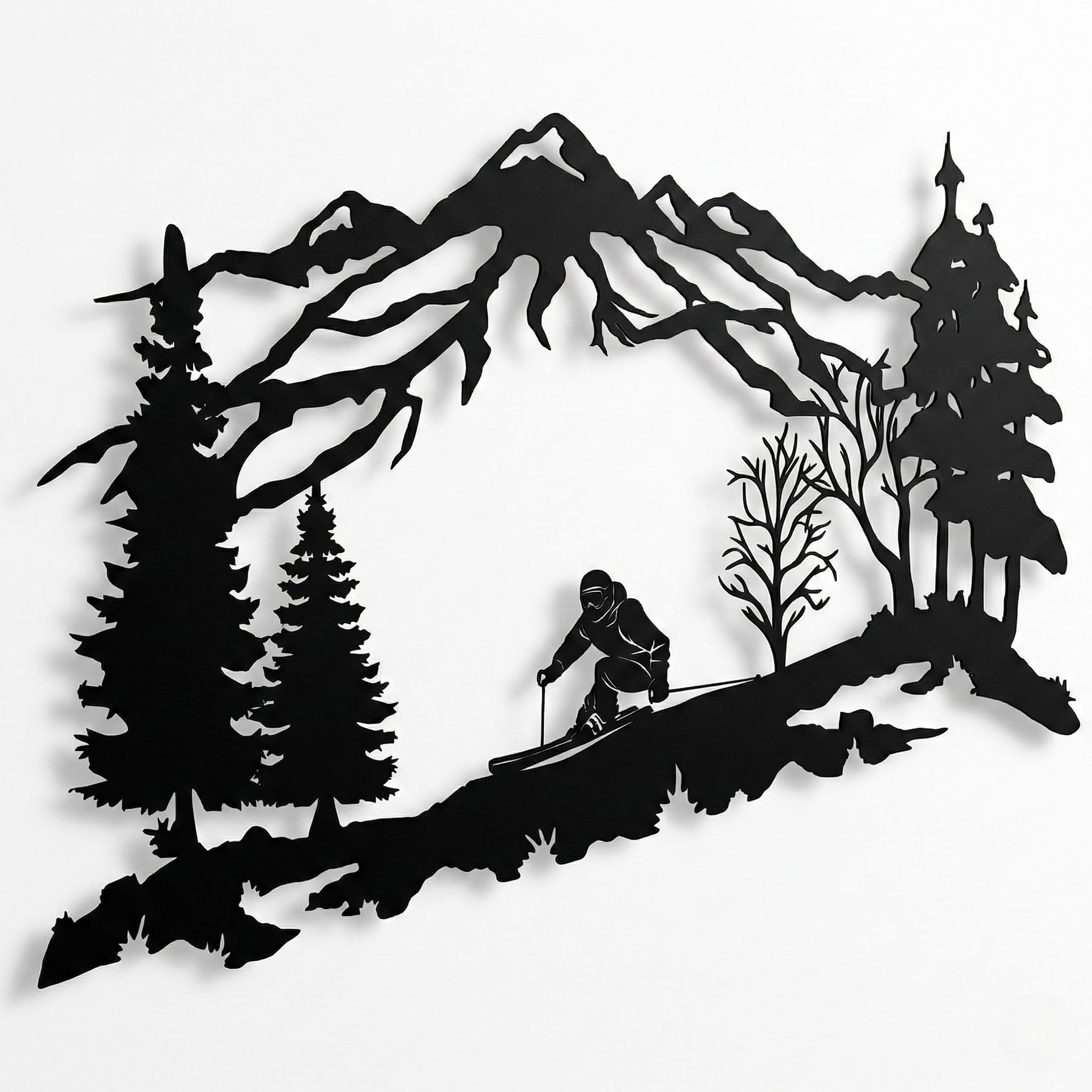 Arte da parete in metallo a tema sciatore, montagna e alberi, decorazione da parete in metallo, regalo per gli amanti dello sci, decorazione per la casa, da appendere alla parete (45 x 29 cm)