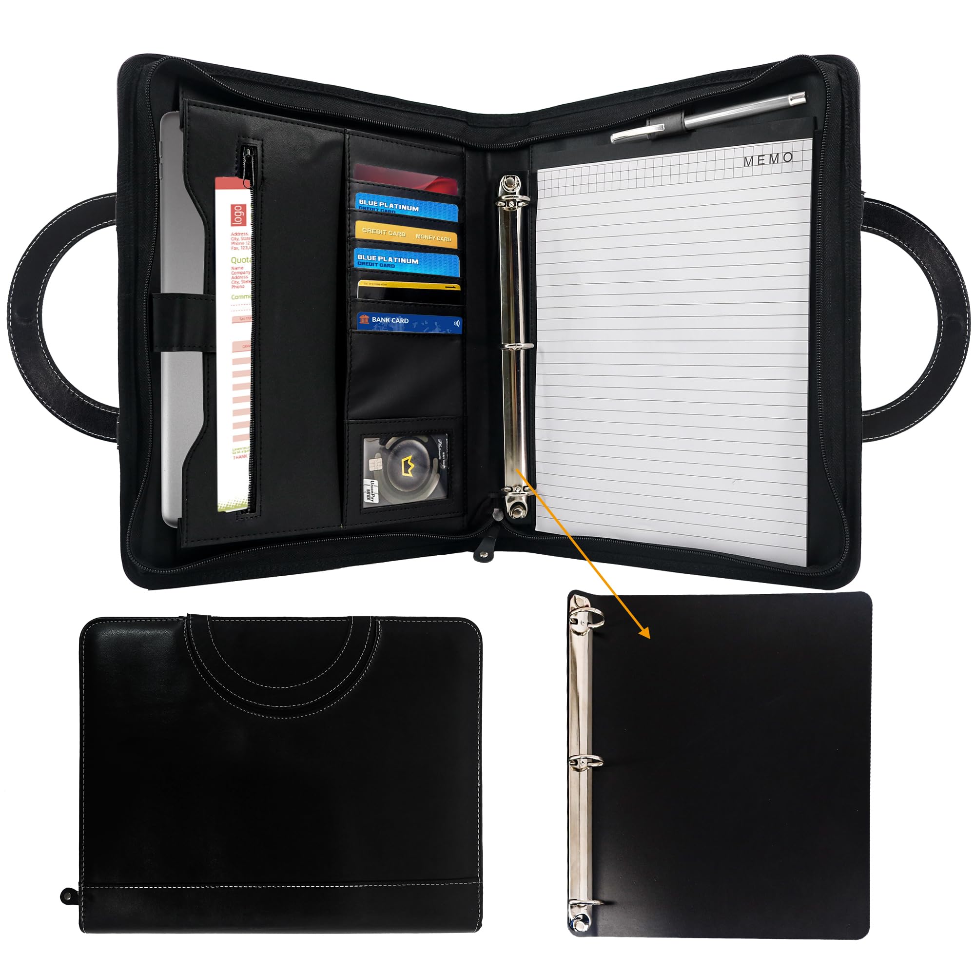 GraduationMallPortfolio with Zip and Handles, Faux Leather Writing Case with 3 Ring Binder (Removable), Storage Bag for Tablet